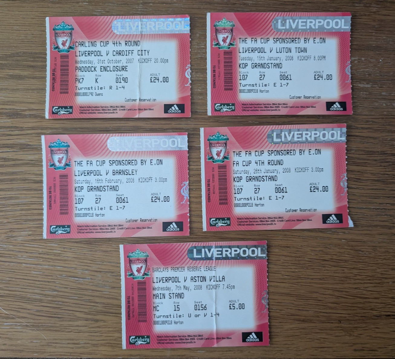 Liverpool FC 5 Home ticket stubs 2007/08 for sale on Ebay