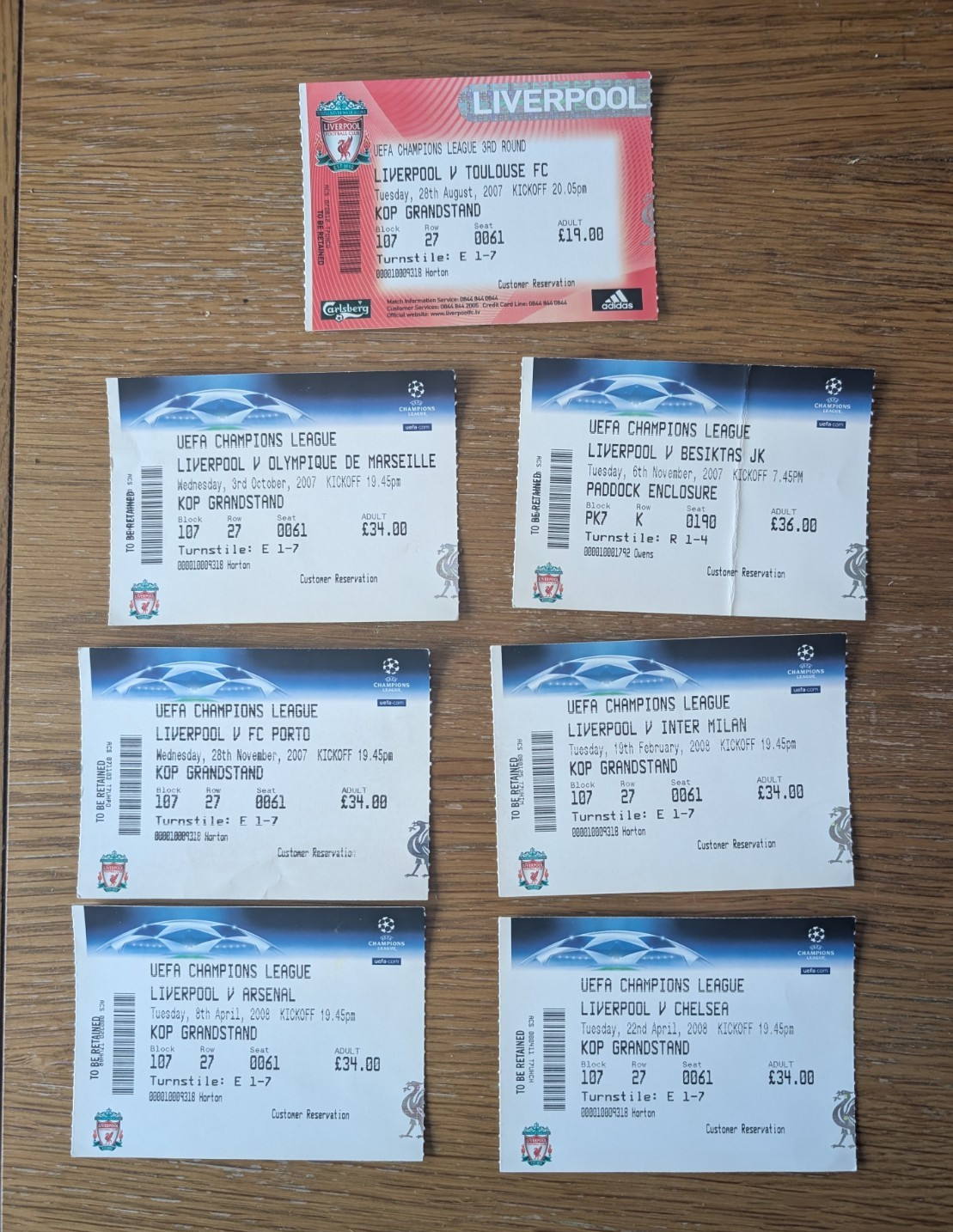 Liverpool FC 7 Champions League home tickets stubs 2007/08 for sale on Ebay