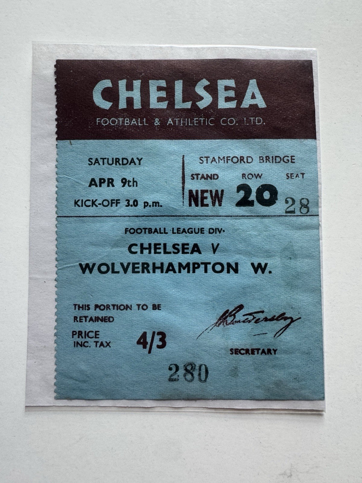 VERY RARE TICKET 1954 /1955 CHELSEA V WOLVERHAMPTON CHAMPIONSHIP WINNING SEANSON for sale on Ebay