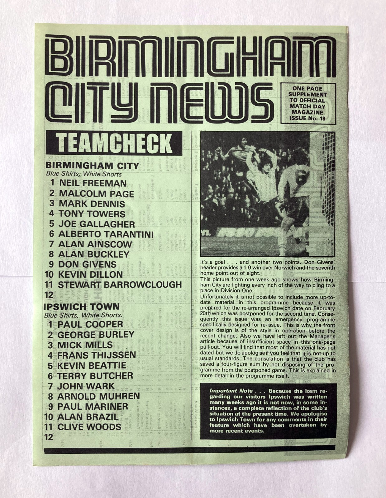 1979 BIRMINGHAM CITY v Ipswich REARRANGED SUPPLEMENT 03.04.79  FREE POSTAGE for sale on Ebay