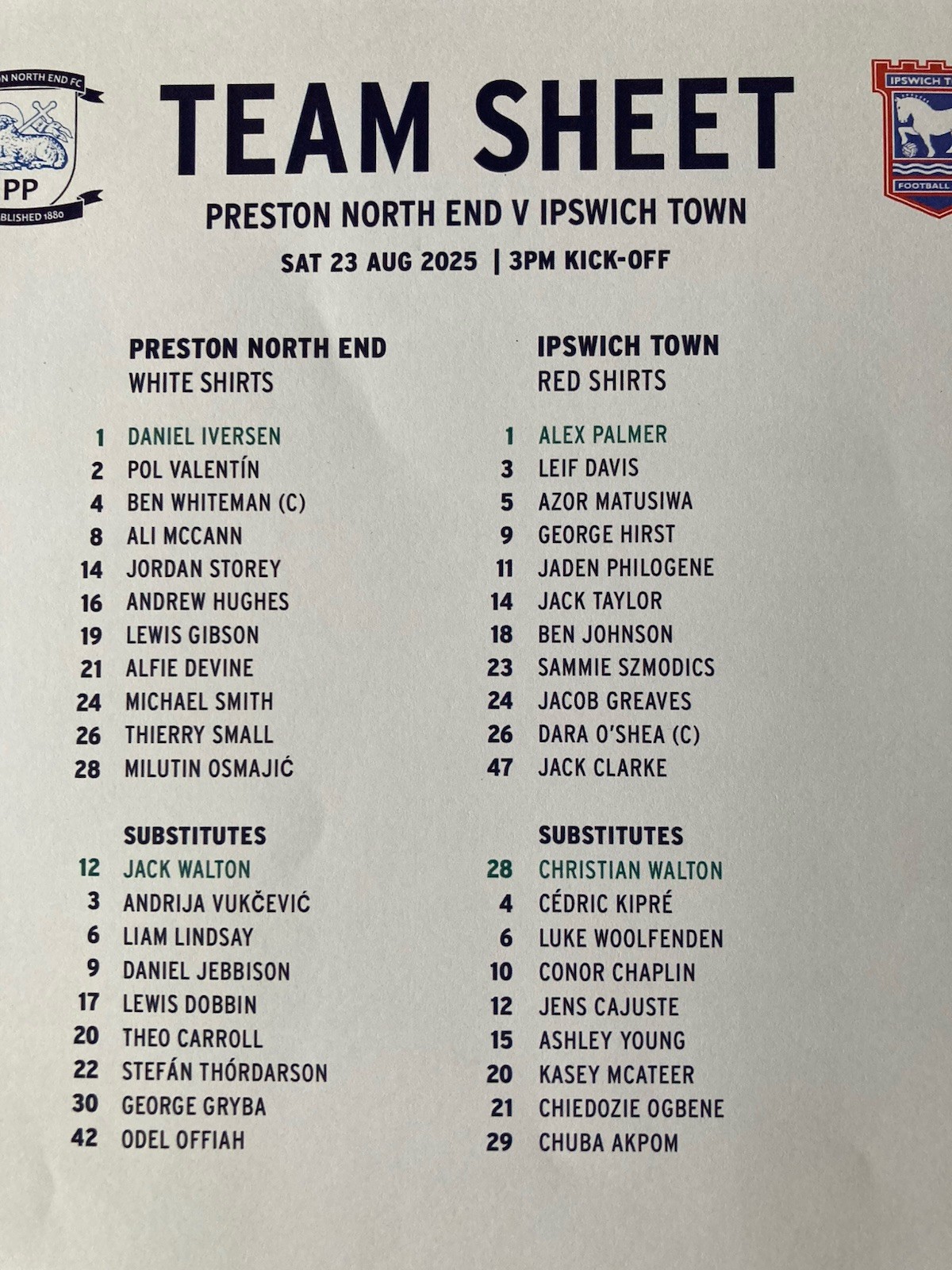 Preston North End v Ipswich Town team sheet 23/08/2025 SkyBet Championship for sale on Ebay
