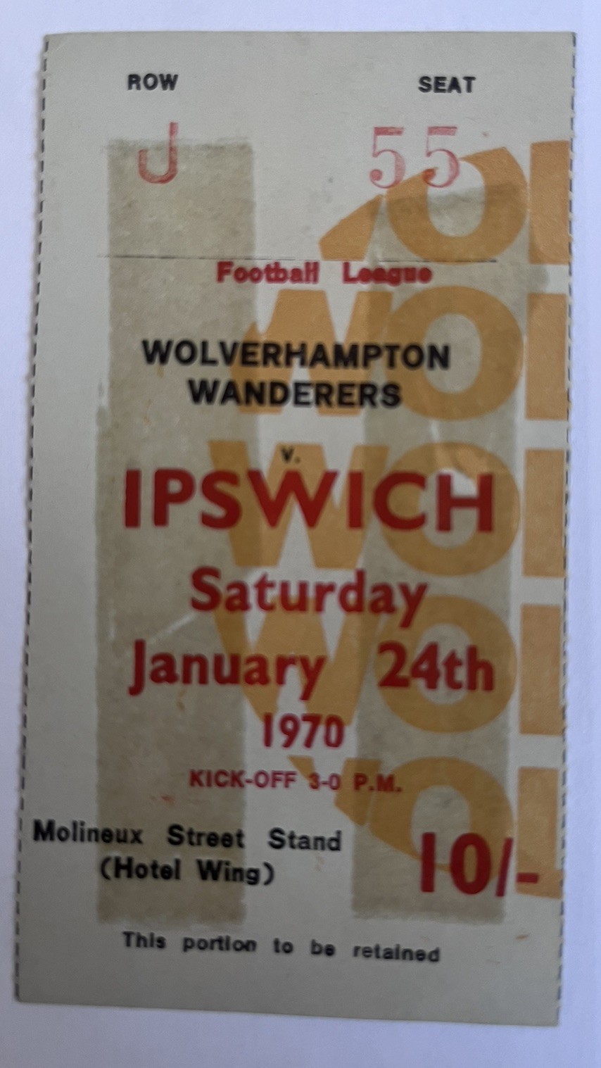 Wolverhampton Wanderers v Ipswich 24th January 1970 Ticket Stub for sale on Ebay