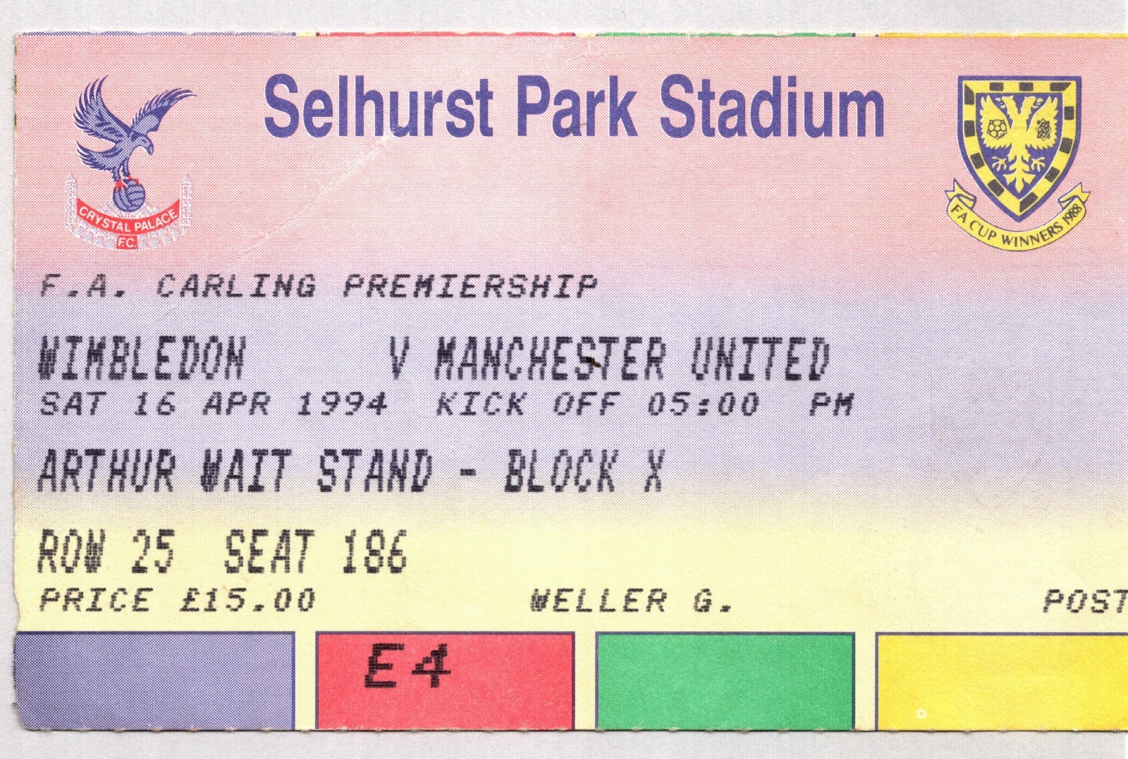Wimbledon v Manchester United 1993-1994 Premier League Match Ticket 16/04/1994 for sale on Ebay