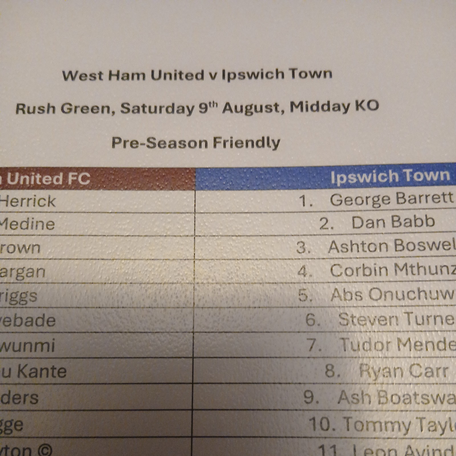 West Ham u21s V Ipswich u21s BCD OFFICIAL Pre Season Friendly Team Sheet 9/8 25 for sale on Ebay