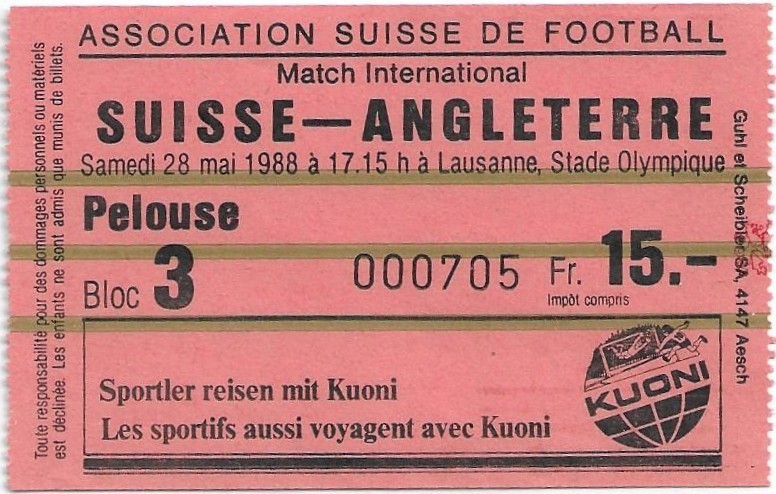 Switzerland v England 1987/88 Friendly ticket for sale on Ebay
