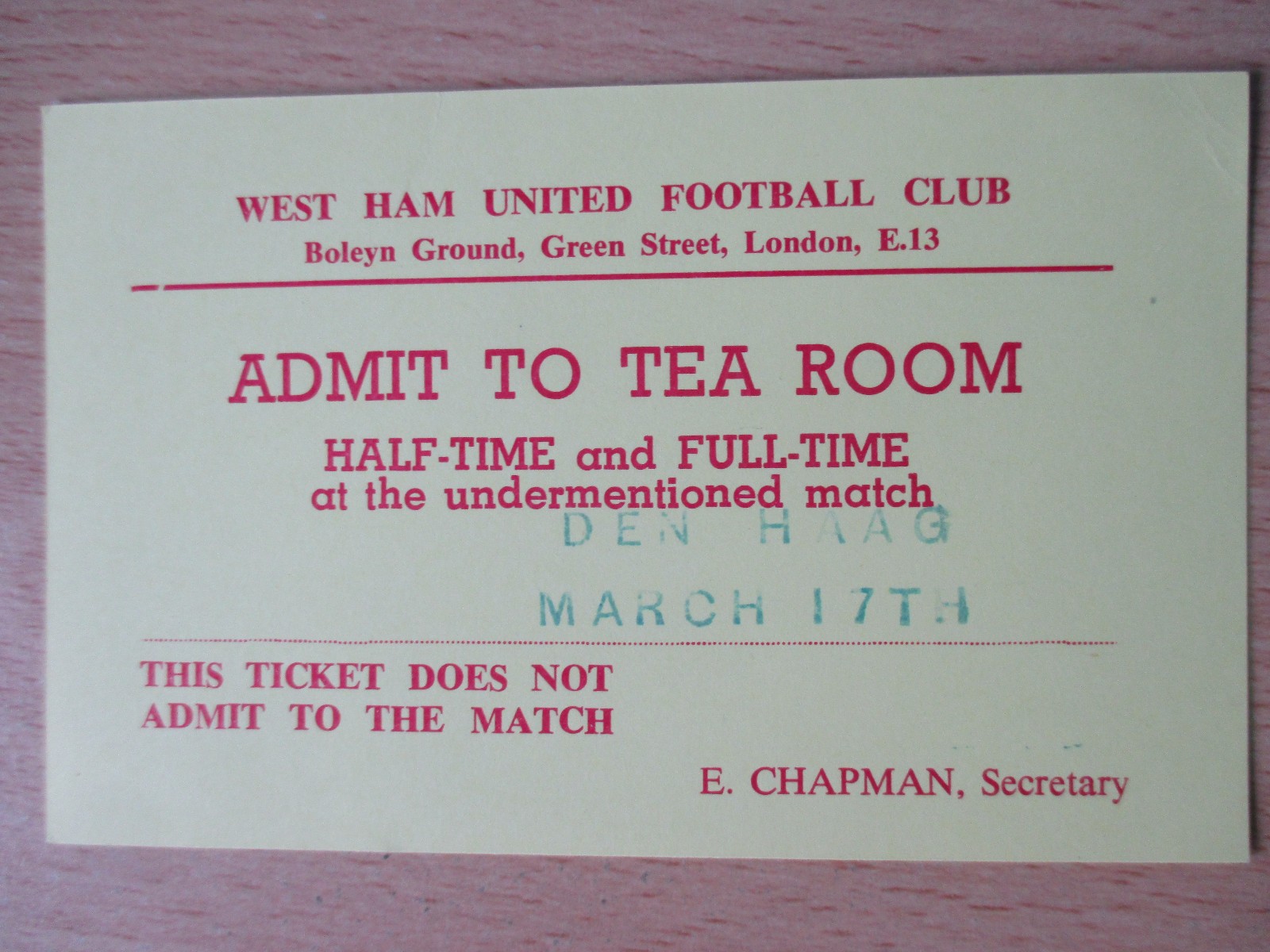 West Ham v Den Haag 1976 Euro Cup Winner Cup QF Tea Room ticket stub 1975/76 vgc for sale on Ebay