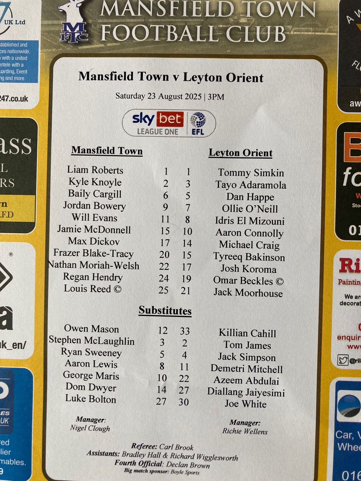 Mansfield Town v Leyton Orient team sheet 23/08/2025 SkyBet League One for sale on Ebay