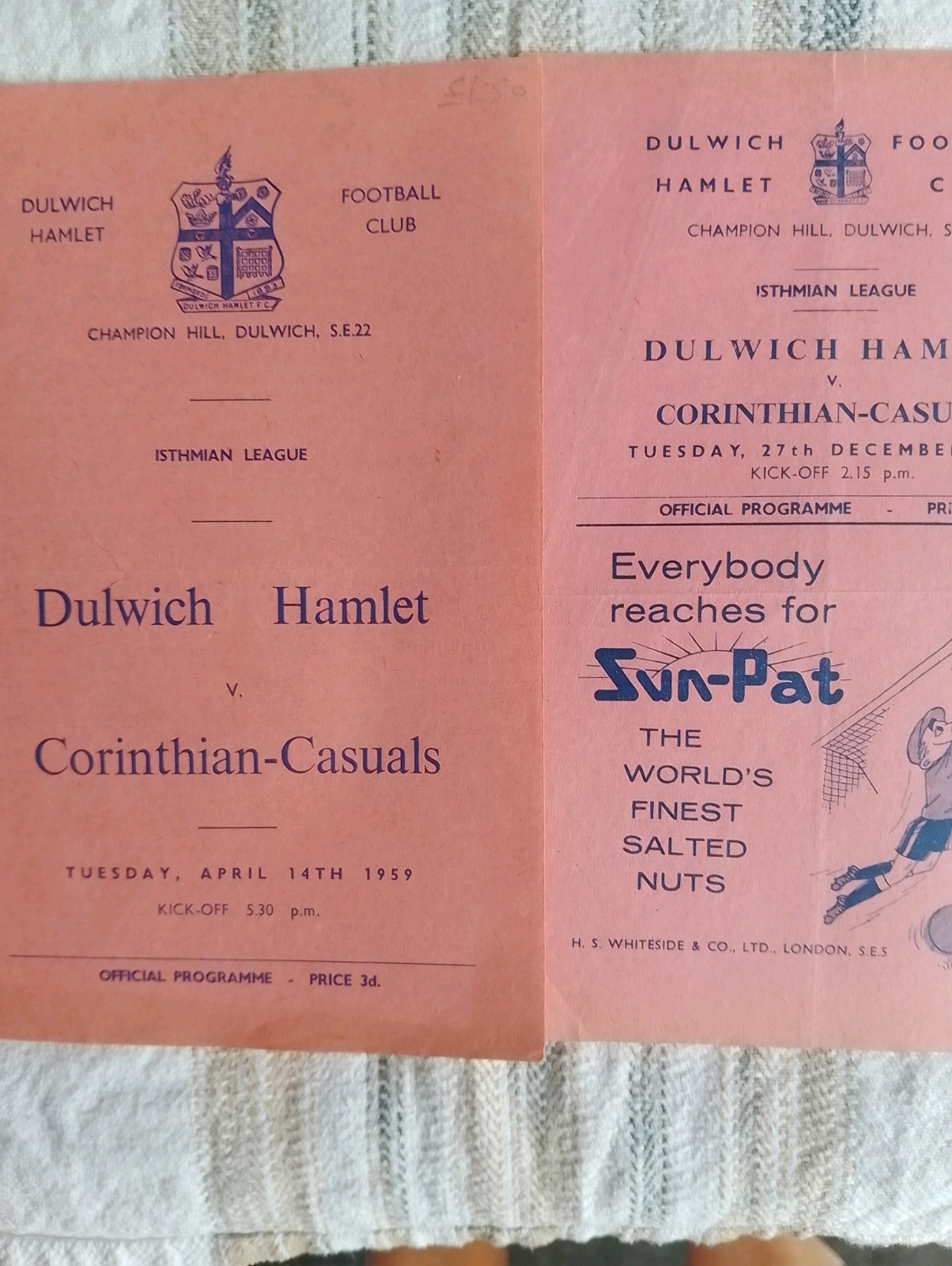 2 x Dulwich Hamlet v Corinthian Casuals 58/59 + 60/1 Isthmian League Programme. for sale on Ebay