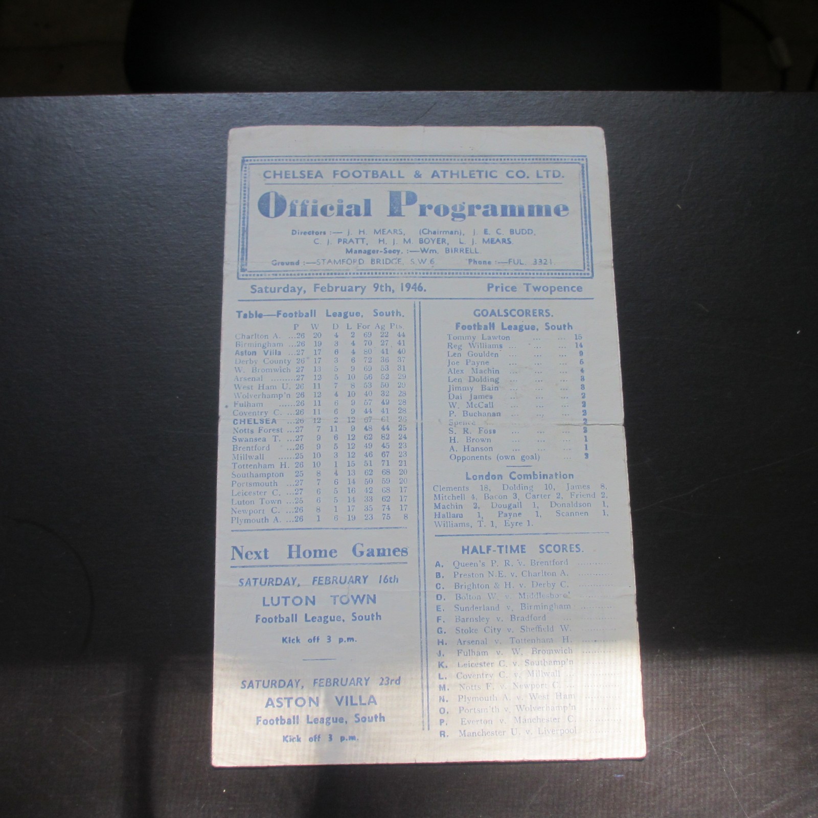 Chelsea v Aston Villa Football Lge South 1945/6 for sale on Ebay