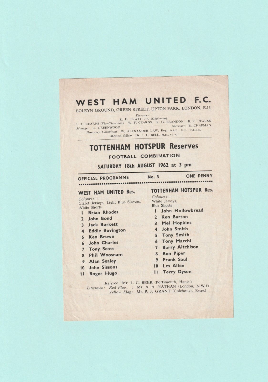 1962-1963 FOOTBALL COMBINATION : WEST HAM UNITED v TOTTENHAM / SPURS RESERVES for sale on Ebay