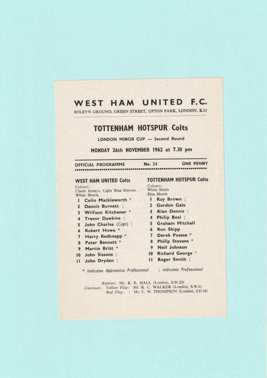 1962-1963 LONDON MINOR CUP : WEST HAM UNITED COLTS v TOTTENHAM / SPURS COLTS for sale on Ebay