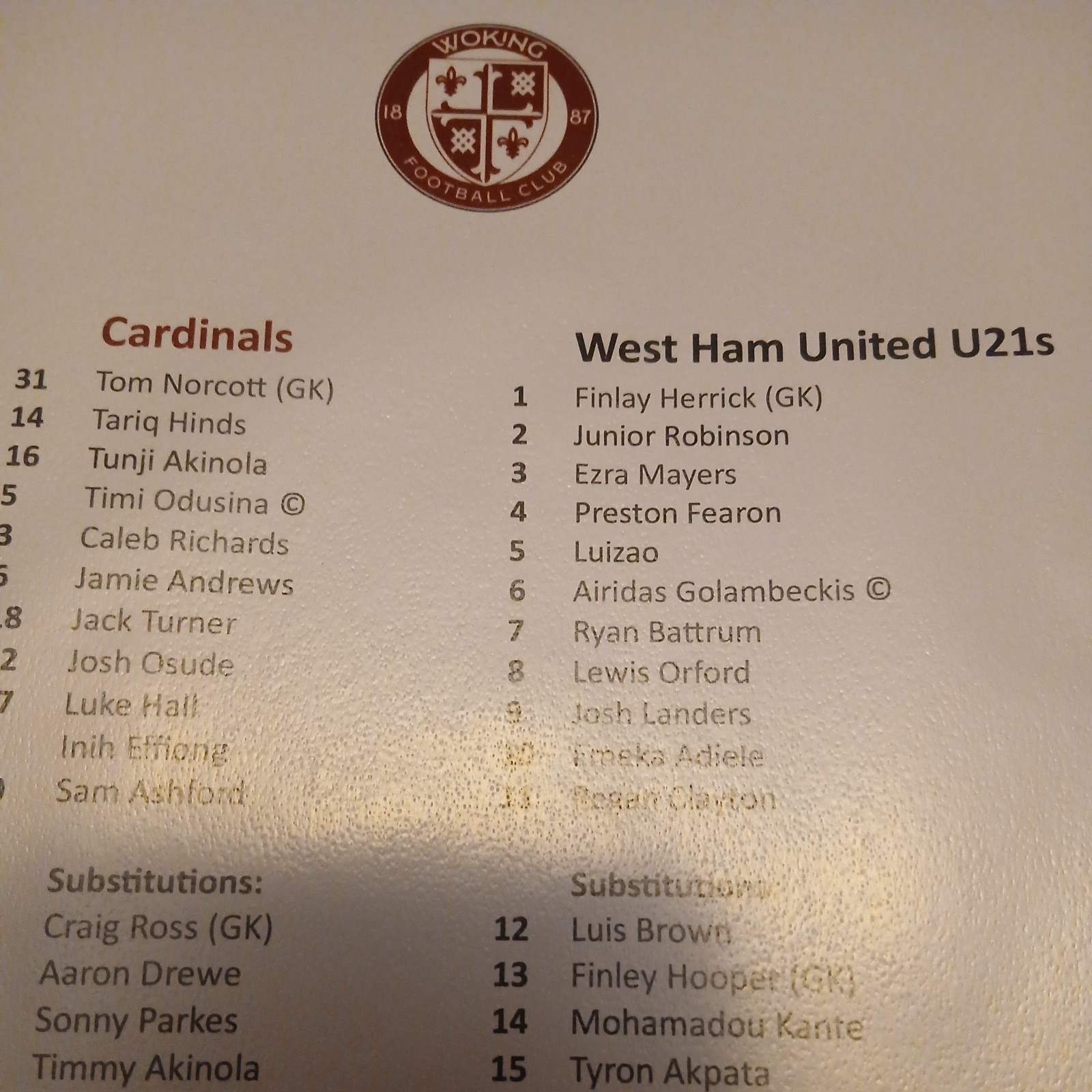 Woking V West Ham United U21s  Official Colour SingleSided TeamSheet 13/8/25 for sale on Ebay
