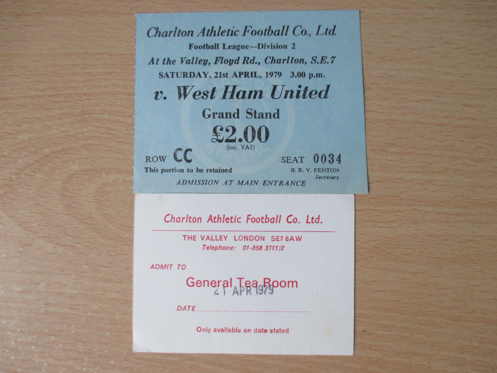 Charlton v West Ham 1979 Division Two match & Tea Room ticket stubs 1978/79 vgc for sale on Ebay