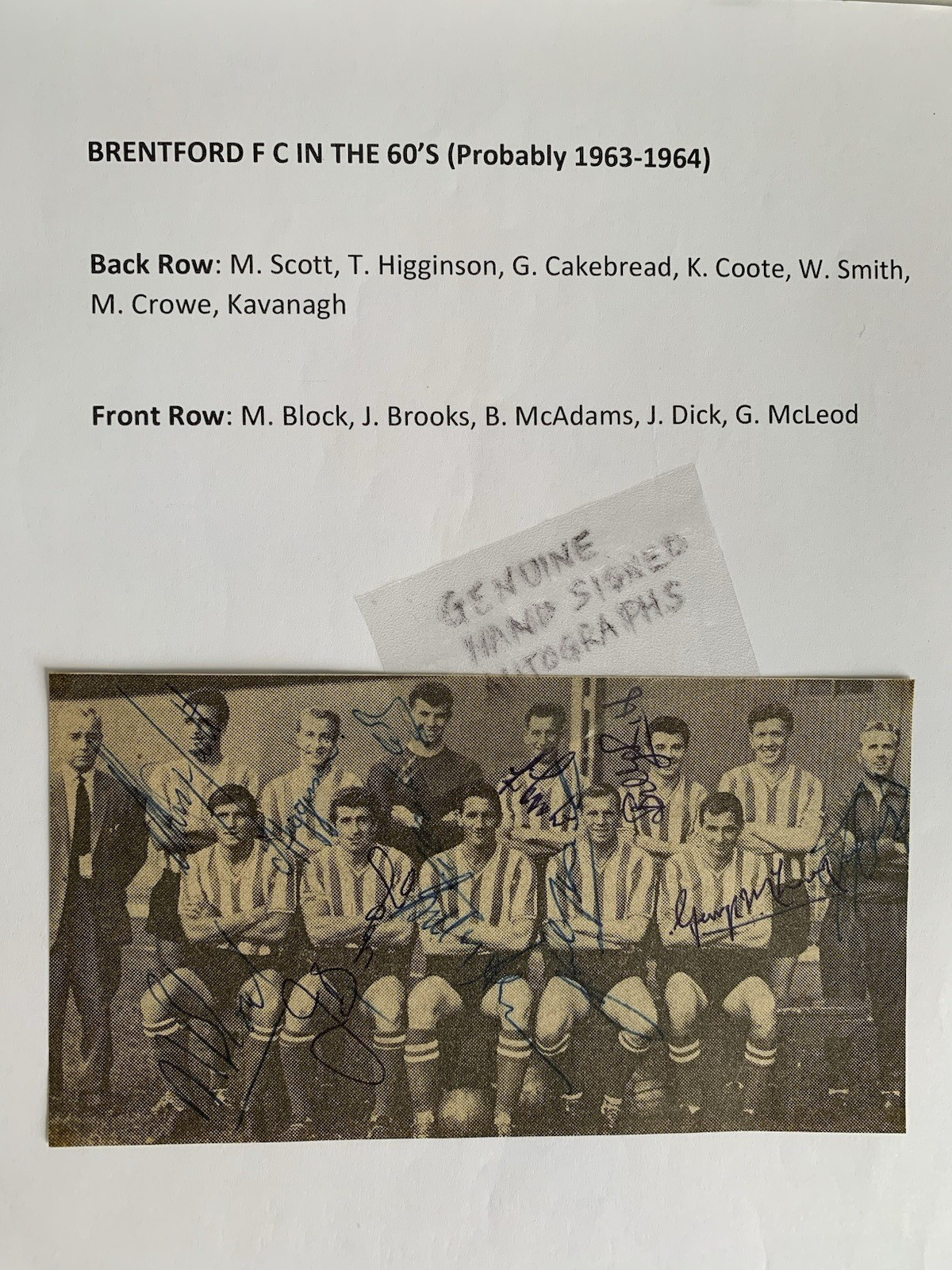 BRENTFORD  F C HAND SIGNED B & W TEAM PHOTOGRAPH FROM THE 1960'S for sale on Ebay