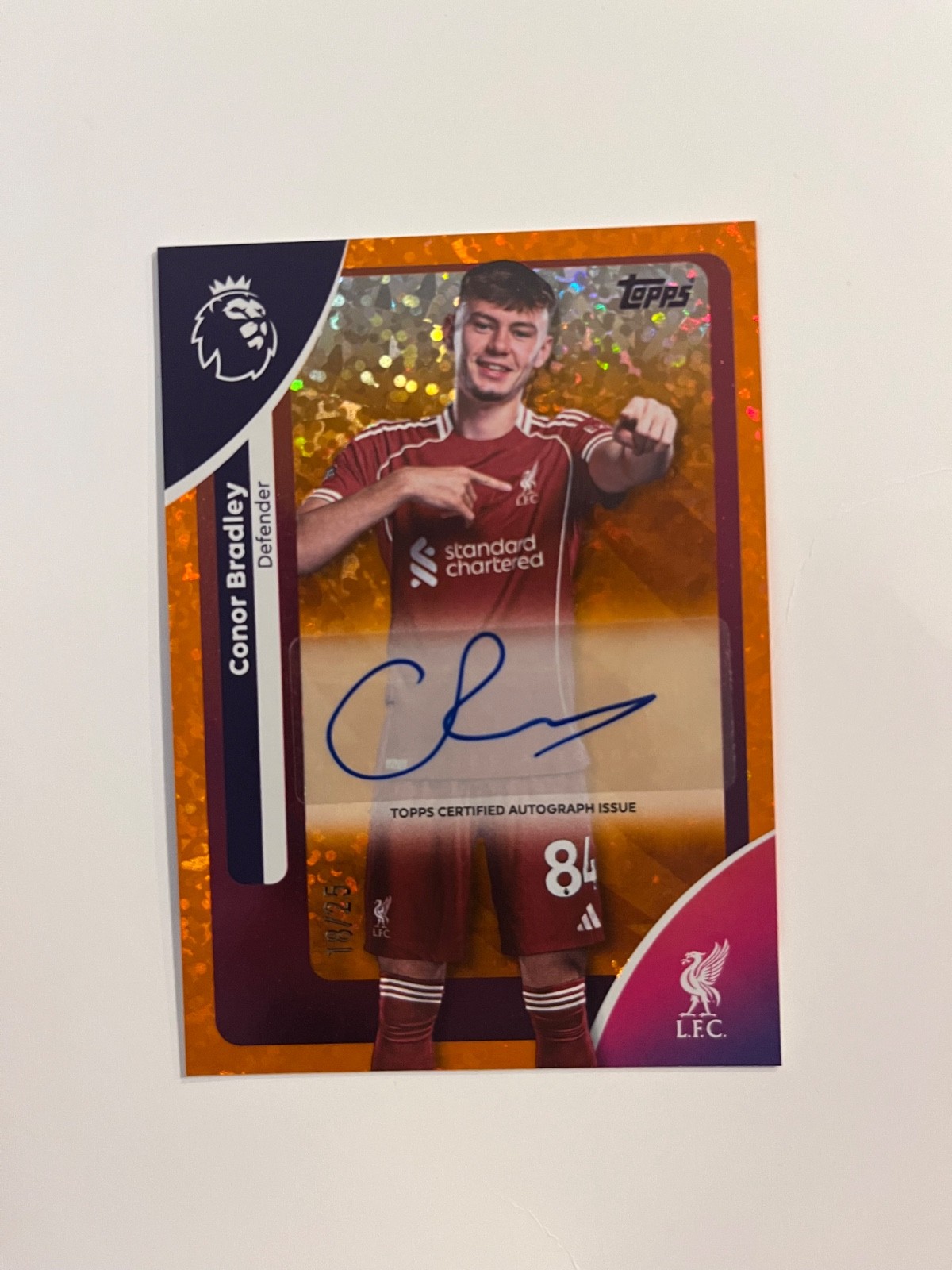 Topps Premier league football Liverpool Conor Bradley orange sparkle Auto #18/25 for sale on Ebay