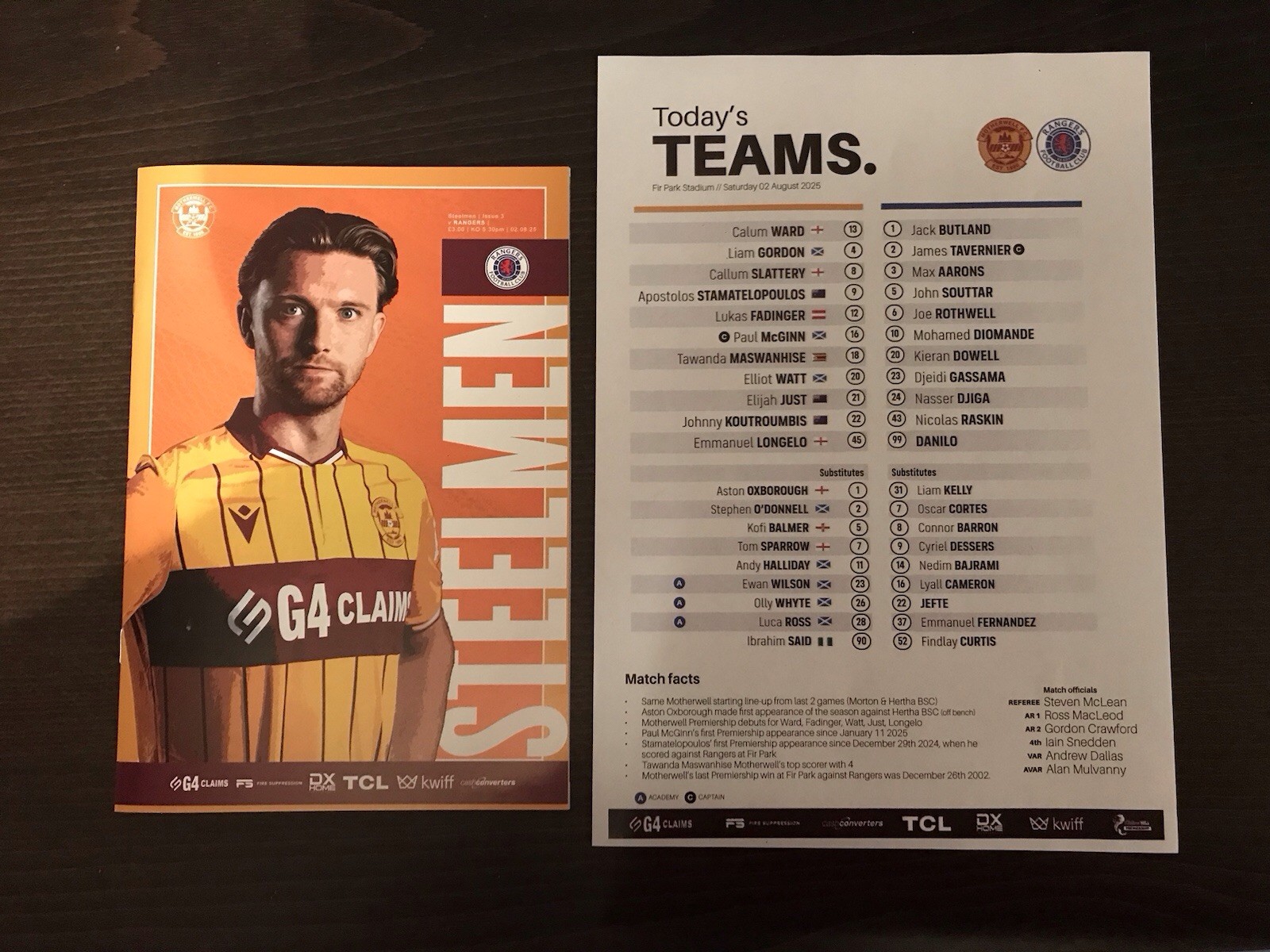 Motherwell v Rangers League Programme And Team Sheet 02 August 2025 for sale on Ebay