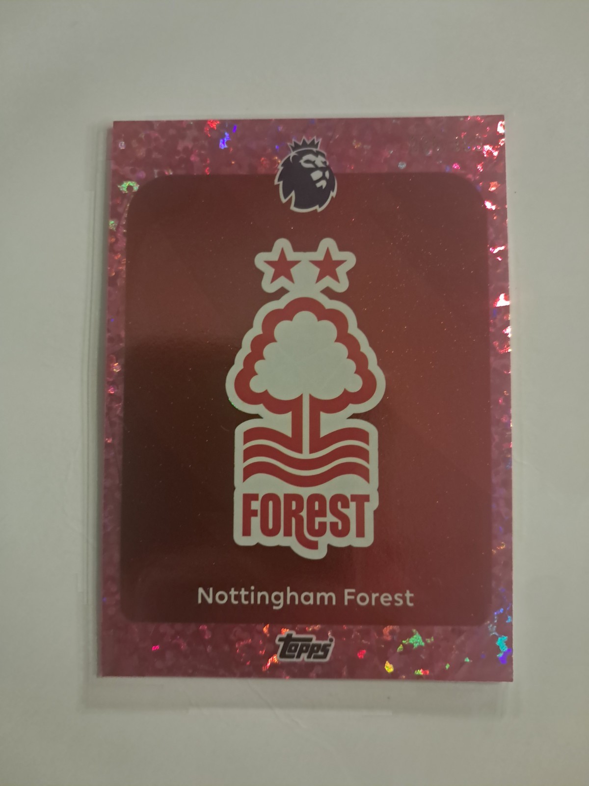topps premier league 25/26 Nottingham Forest Badge pink sparkle#36/399 for sale on Ebay