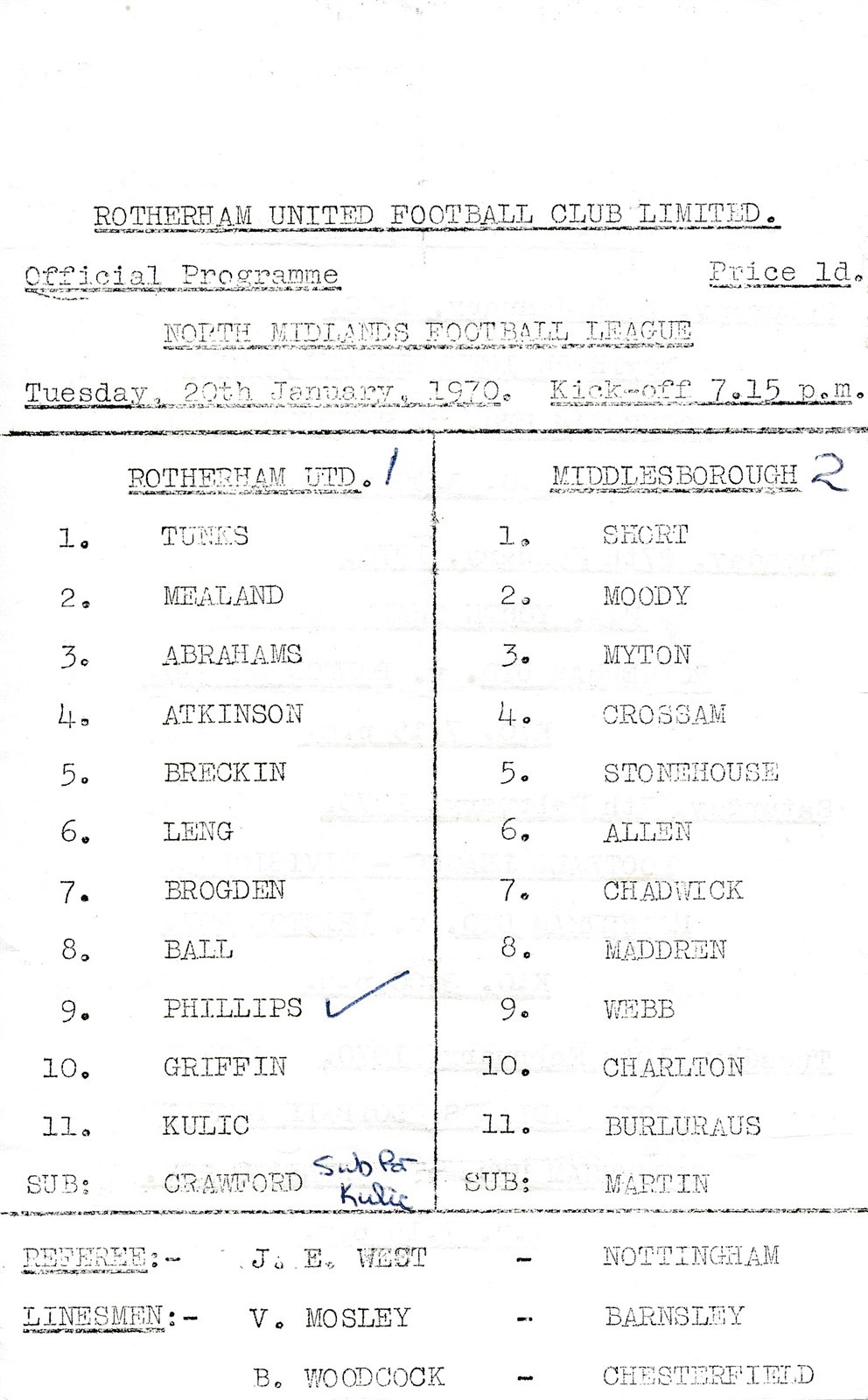 Rotherham United Reserves v Middlesbrough (North Midlands League) 1969/1970 for sale on Ebay