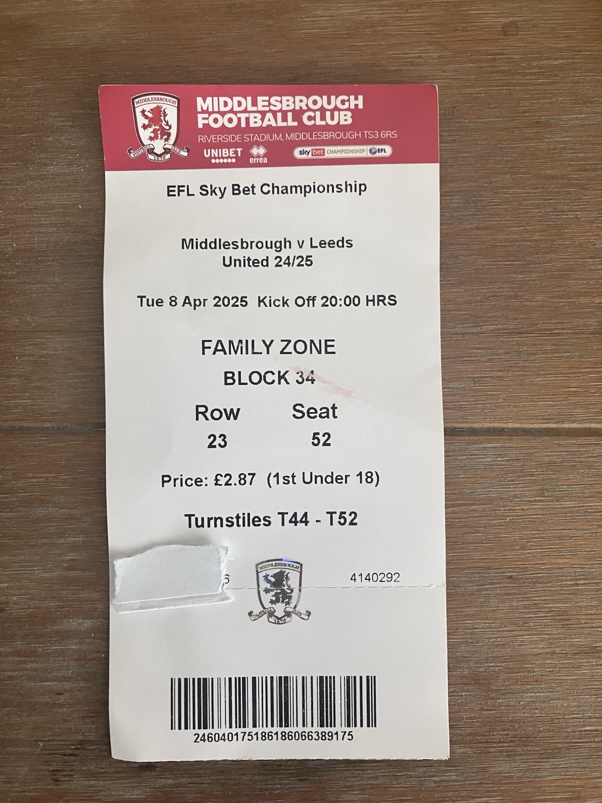 Middlesbrough v Leeds Ticket 8th April 2025 for sale on Ebay