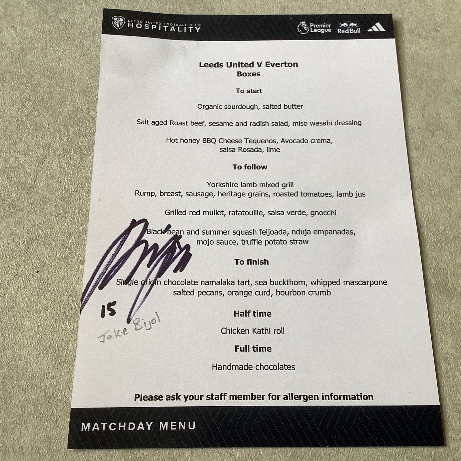 SIGNED JAKA BIJOL OF LEEDS UNITED V EVERTON PREMIER LEAGUE MATCH MENU 18/08/2025 for sale on Ebay