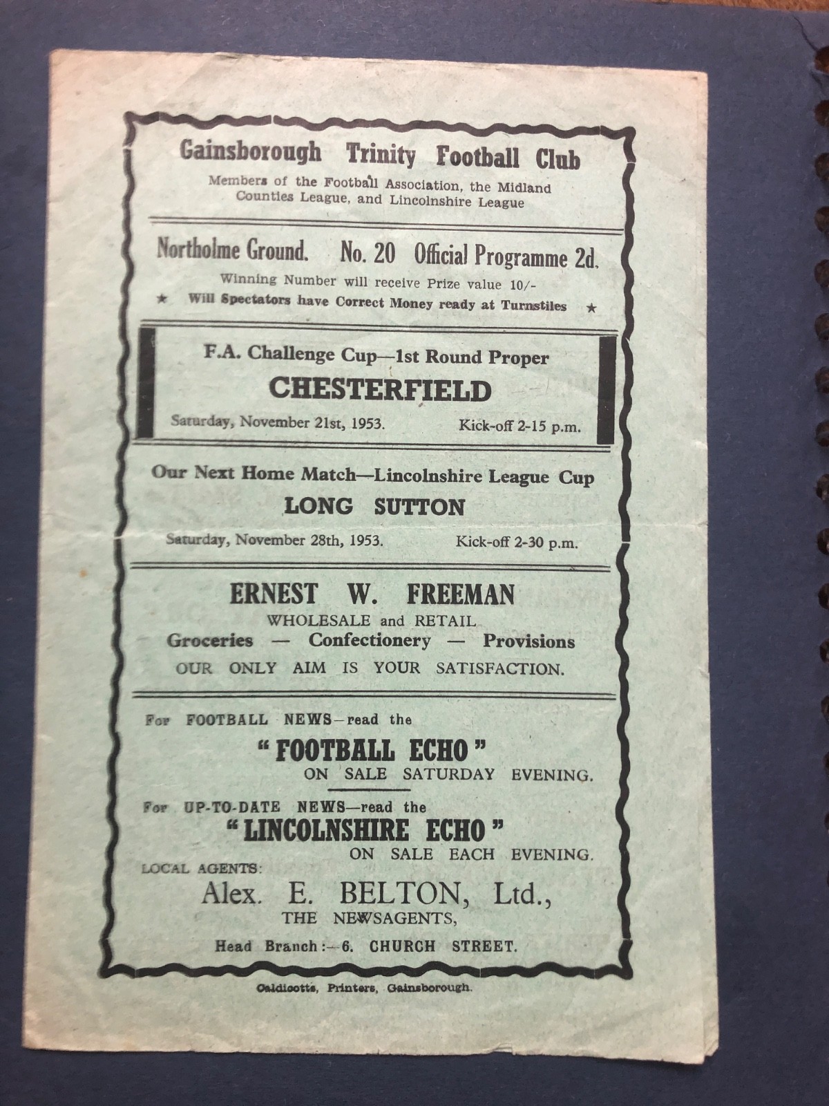 Gainsborough Trinity vs Chesterfield 21 Nov 1953 FA Cup 1st round programme for sale on Ebay