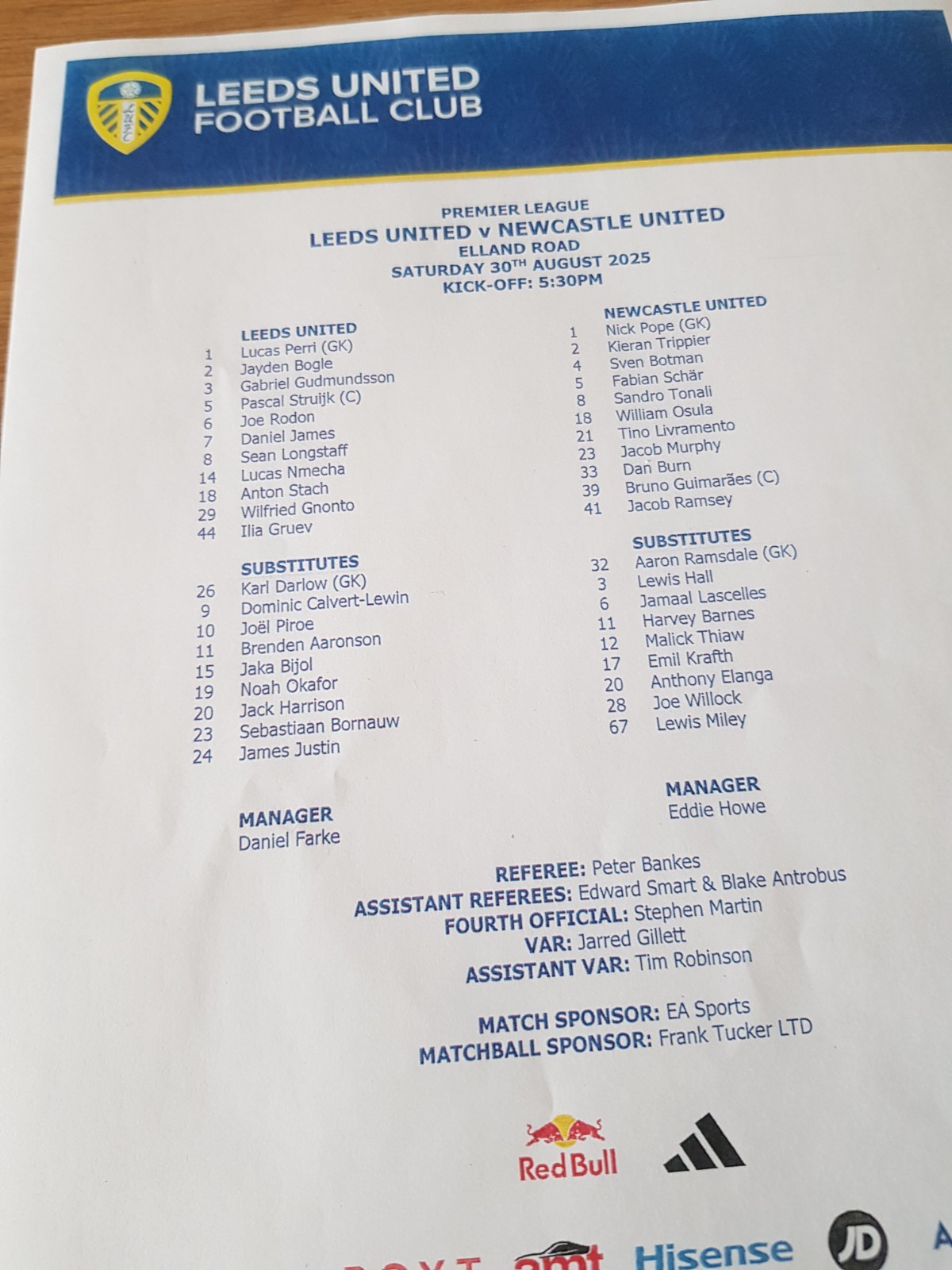 Leeds United Teamsheets , first three home games.  for sale on Ebay