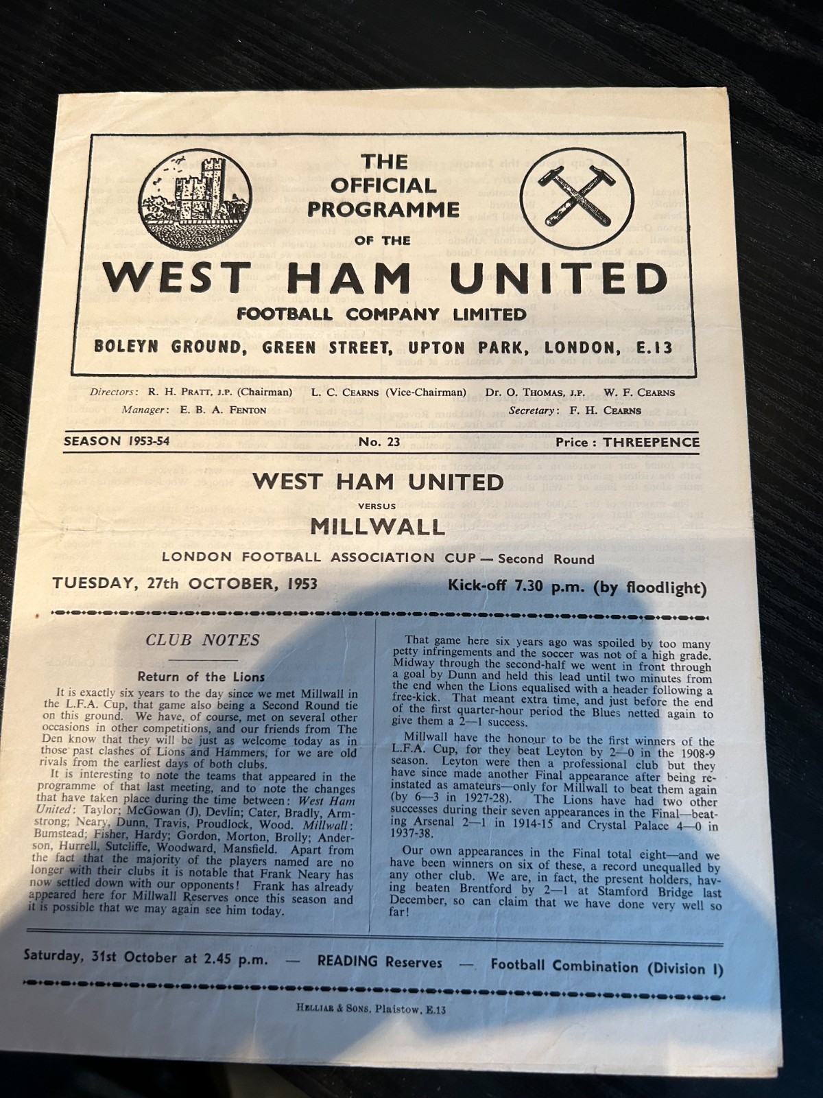 1953/54 West Ham United v Millwall (London FA Cup 2nd Round) for sale on Ebay