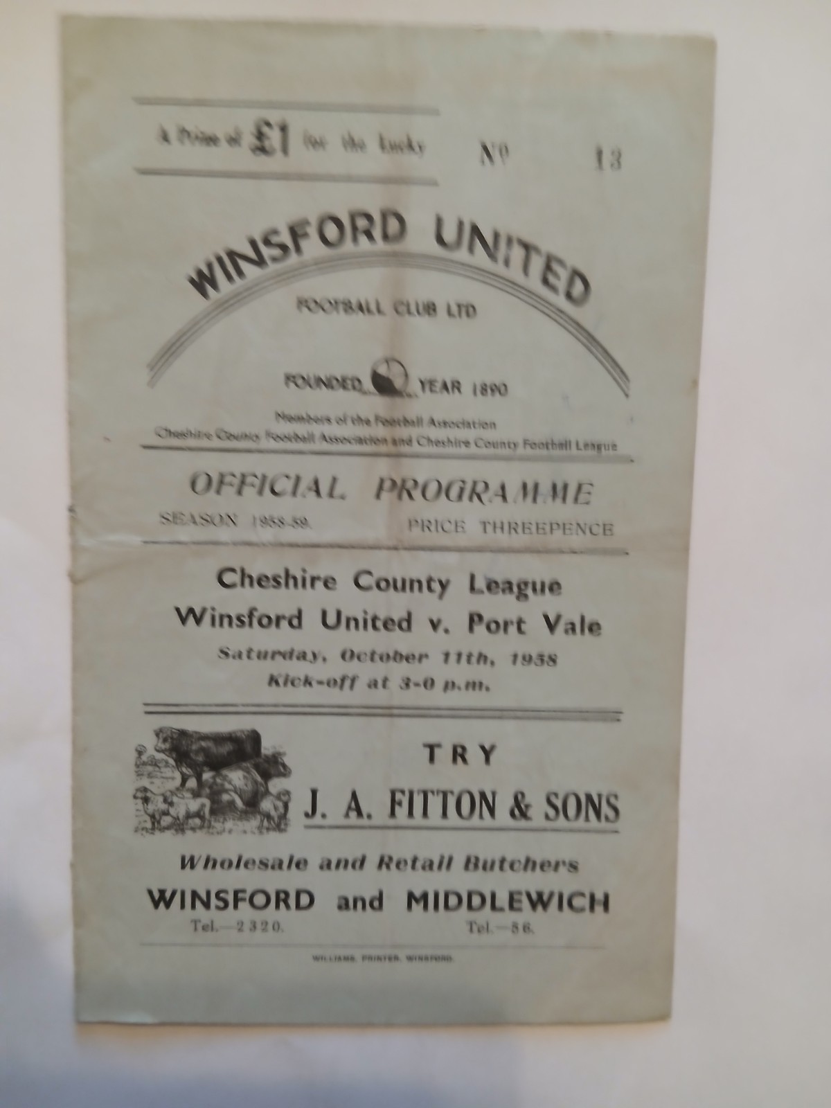 WINSFORD UNITED v PORT VALE Cheshire County League 11 October 1958 for sale on Ebay