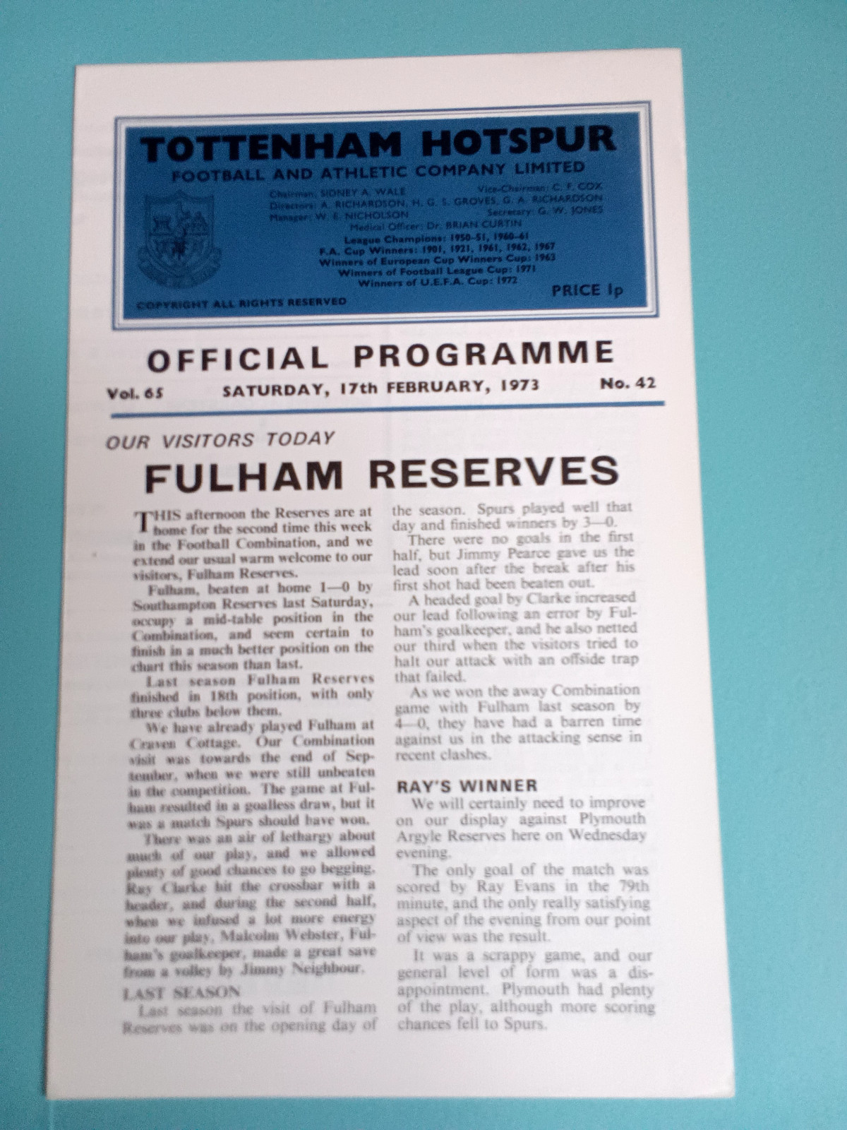 TOTTENHAM HOTSPUR RESERVES v FULHAM 1972/3 FOOTBALL COMBINATION VERY GOOD COND. for sale on Ebay