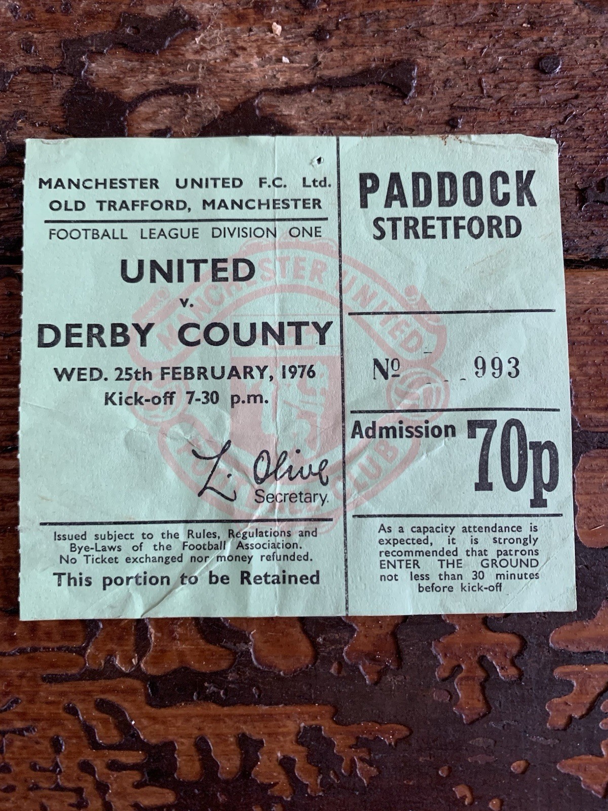 Manchester United V Derby County 25/02/1976 Ticket Football Tickets for sale on Ebay