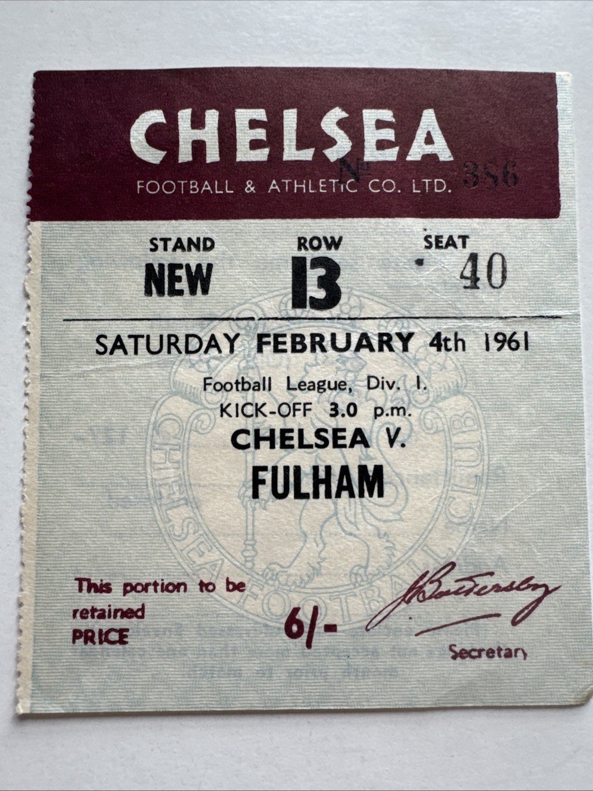 RARE TICKET 1960/61 CHELSEA v FULHAM for sale on Ebay
