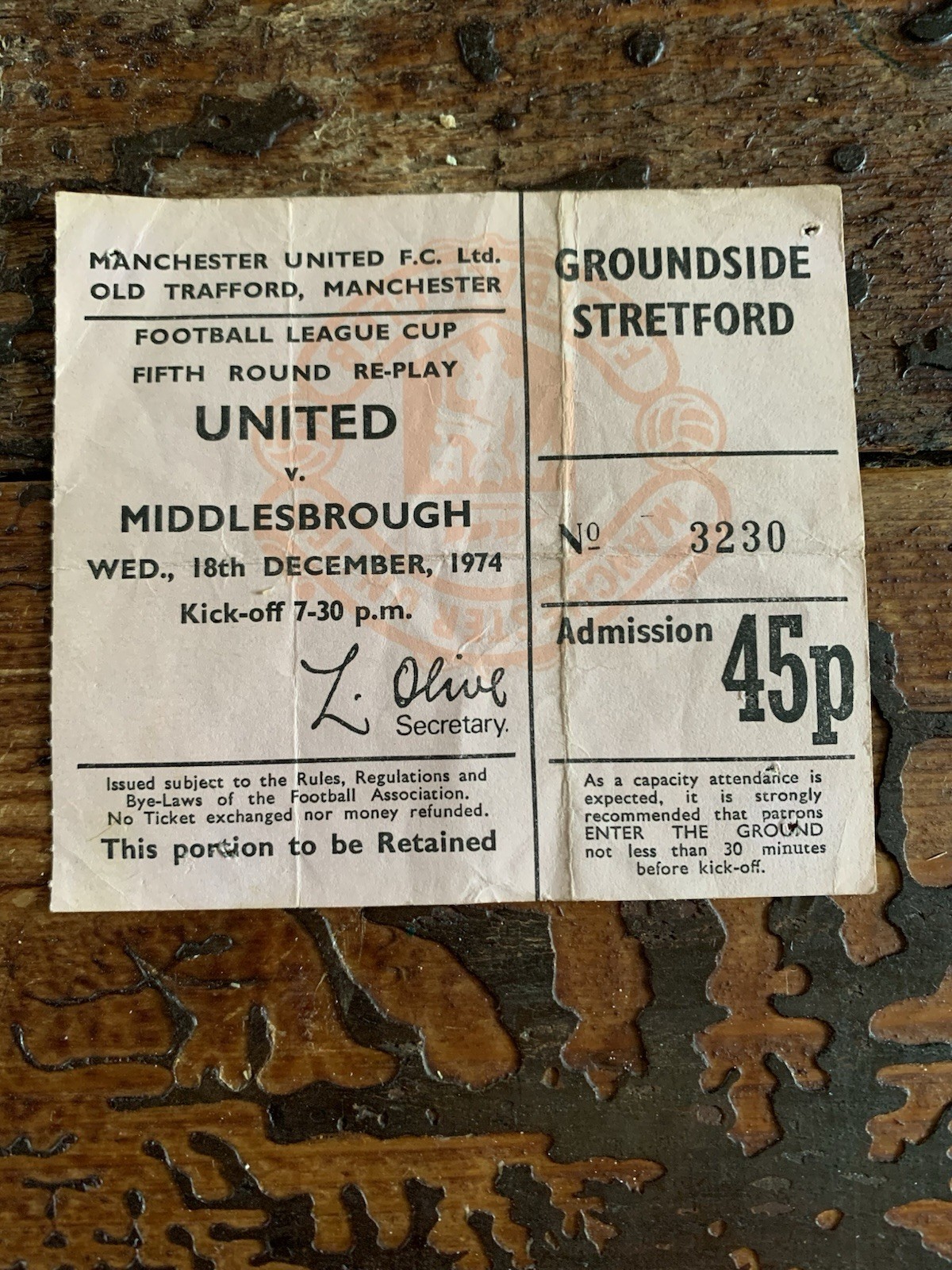 Manchester United V Middlesbrough 18/12/1974 Ticket Football League Cup Tickets for sale on Ebay