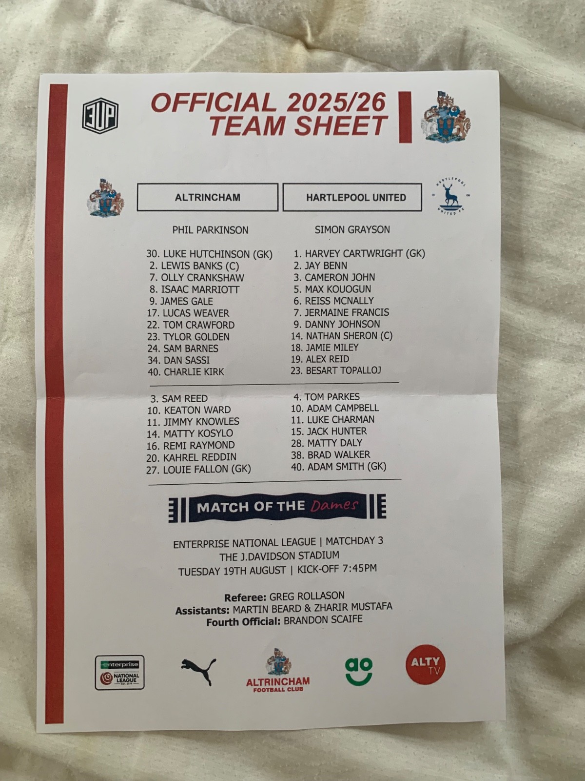 Altrincham v Hartlepool United (Team sheet) 2025 for sale on Ebay