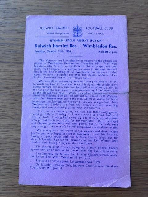 DULWICH HAMLET RESERVES v WIMBLEDON RESERVES 1956/57 for sale on Ebay
