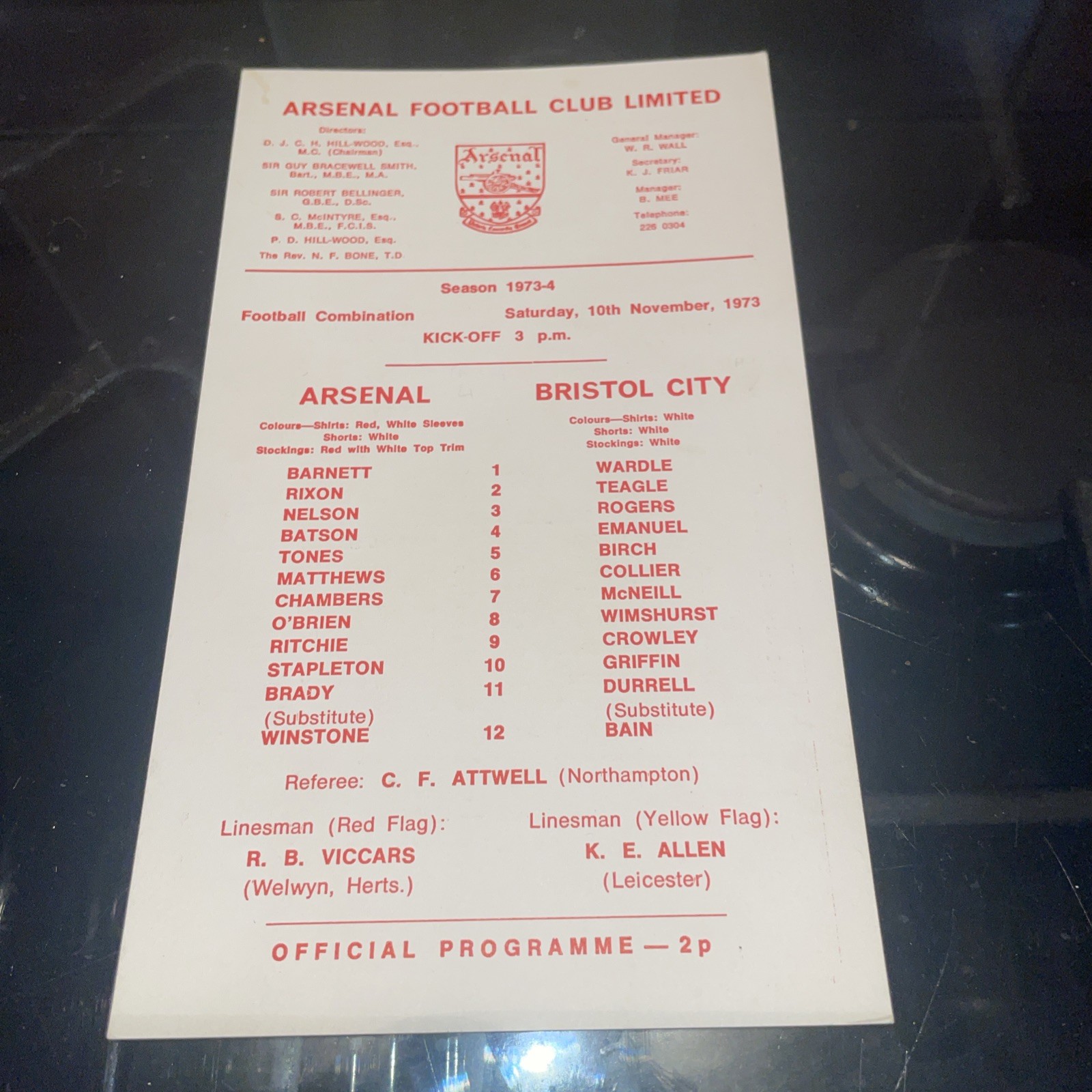 Arsenal vs Bristol City Reserves football combination, single sheet 10/11/73 EXC for sale on Ebay