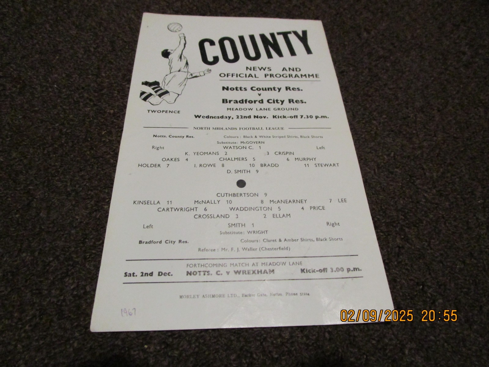 NOTTS COUNTY  reserves  v  BRADFORD CITY   reserves  1967/8  NOV 22nd NMFL  s/s for sale on Ebay