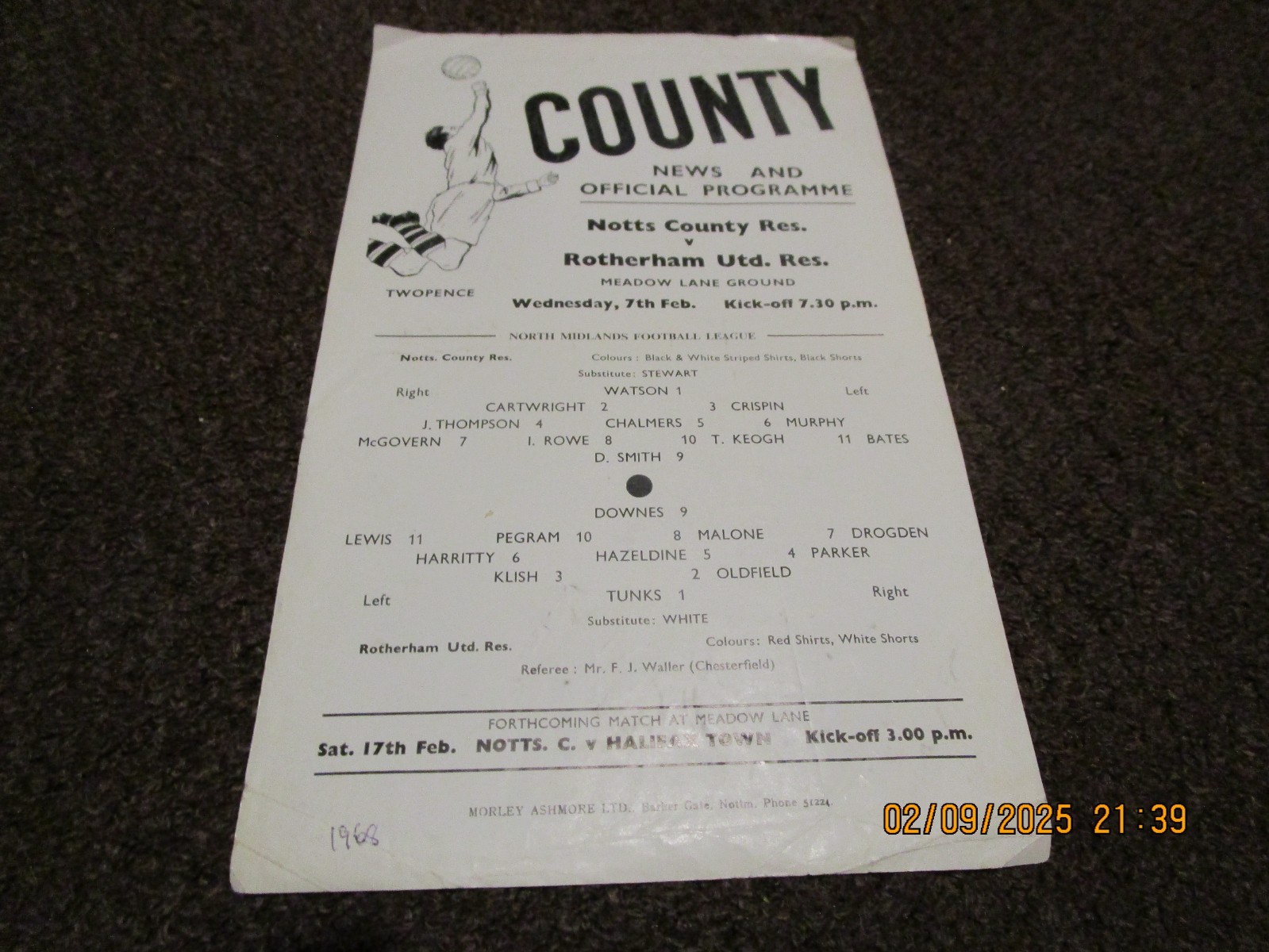 NOTTS COUNTY  reserves  v  ROTHERHAM  UNITED    res  1967/8  FEB 7th   NMFL  s/s for sale on Ebay