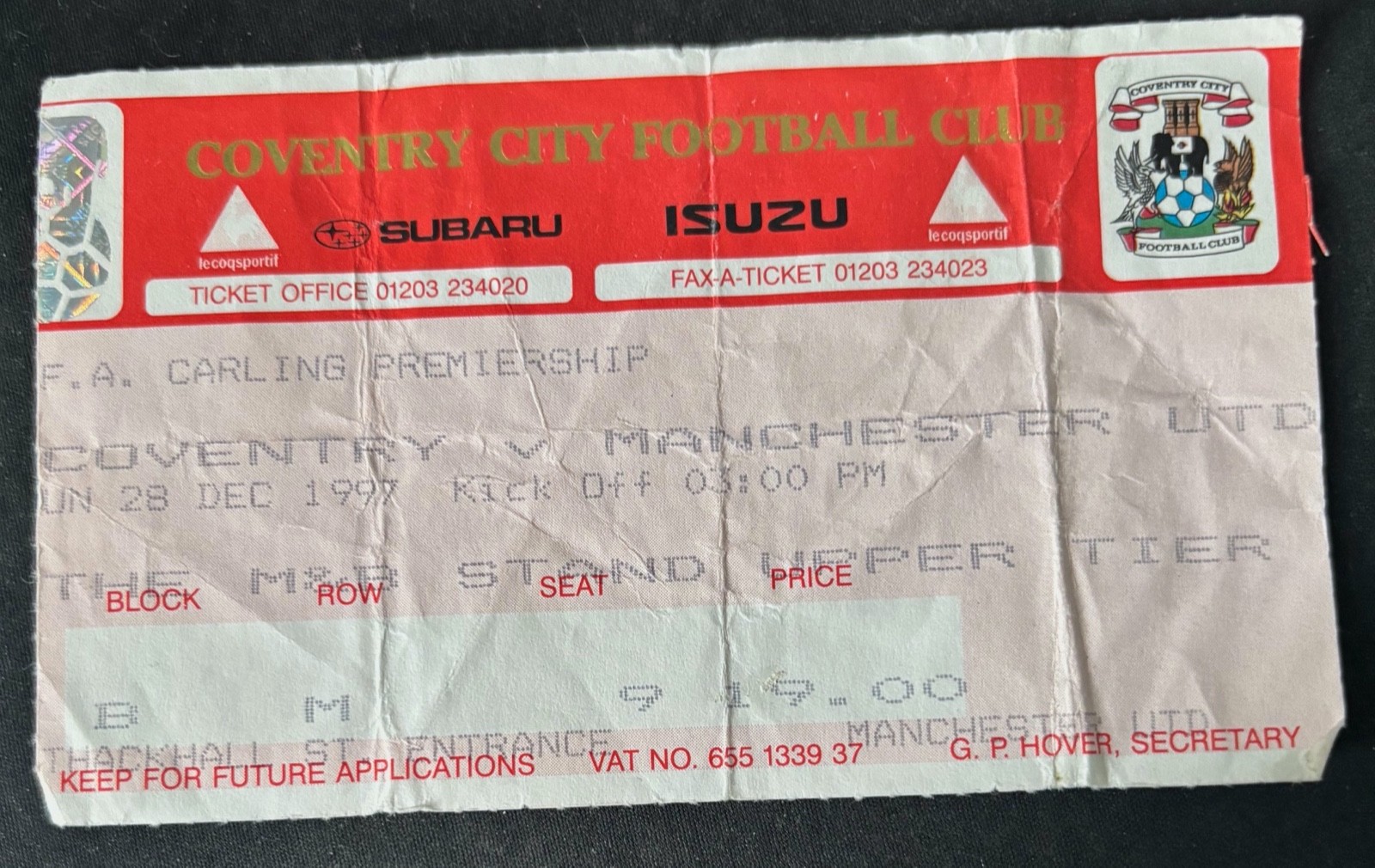 Coventry City v Manchester United ticket stub 28th December 1997 Premier League for sale on Ebay