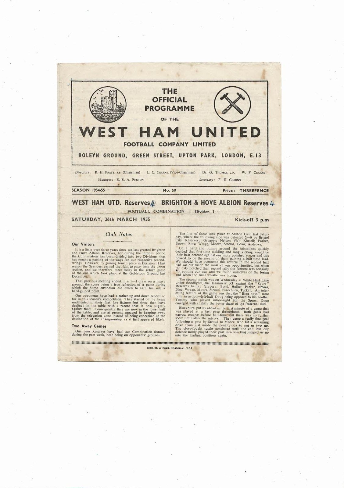 West Ham United v Brighton Football Combination Programme  1954/55 for sale on Ebay
