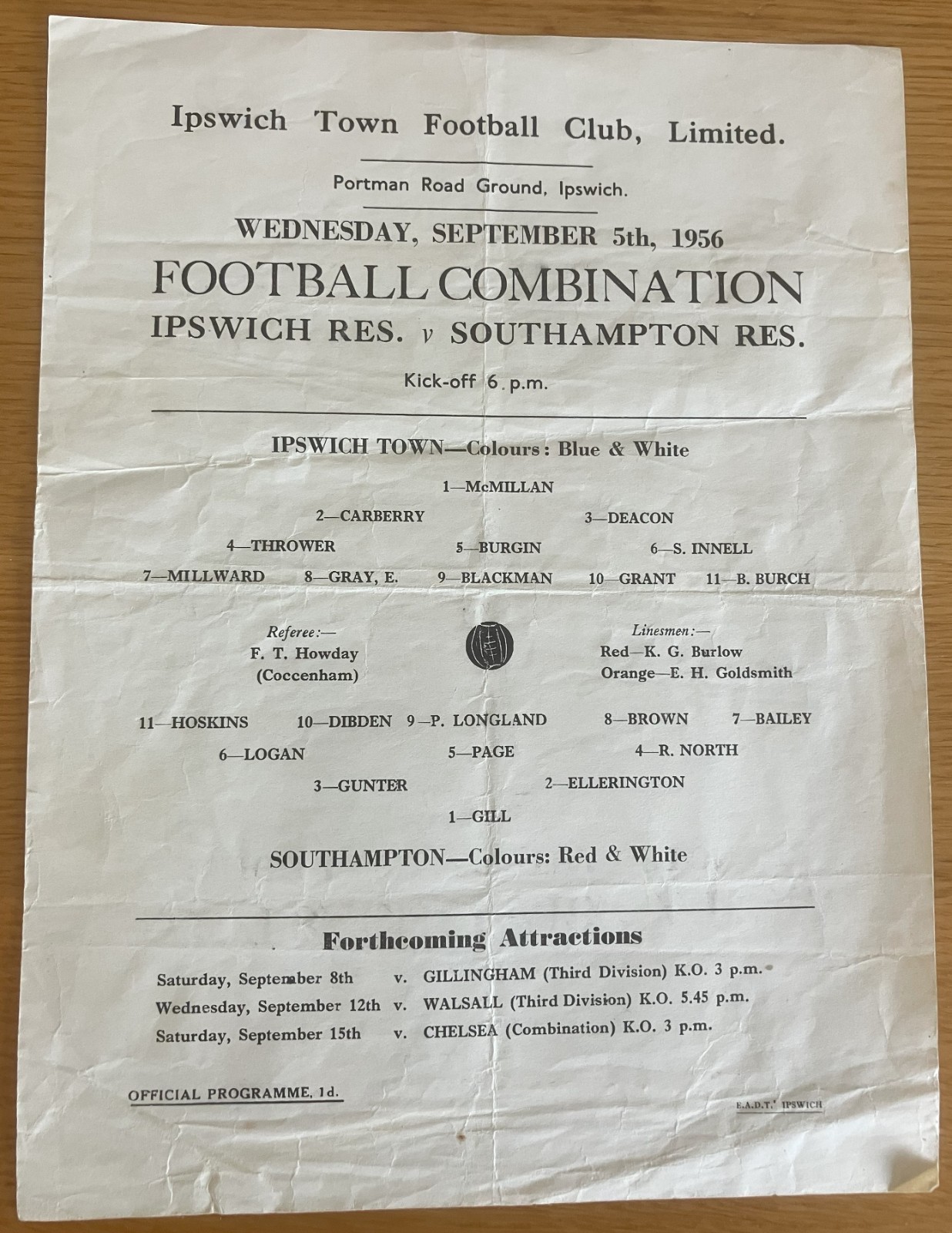 Ipswich Town Reserves v Southampton Reserves 5th September 1956 for sale on Ebay