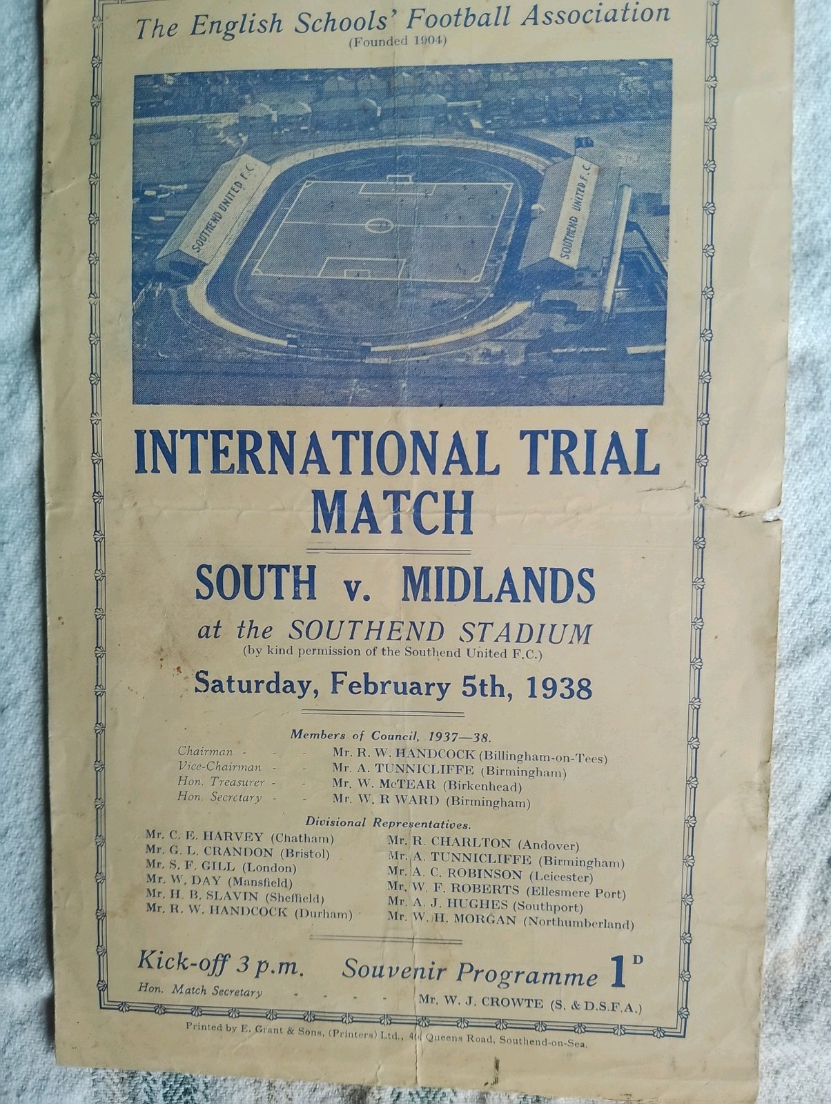 England Schools International Trial 1937/38 South v South Midlands at Southend. for sale on Ebay