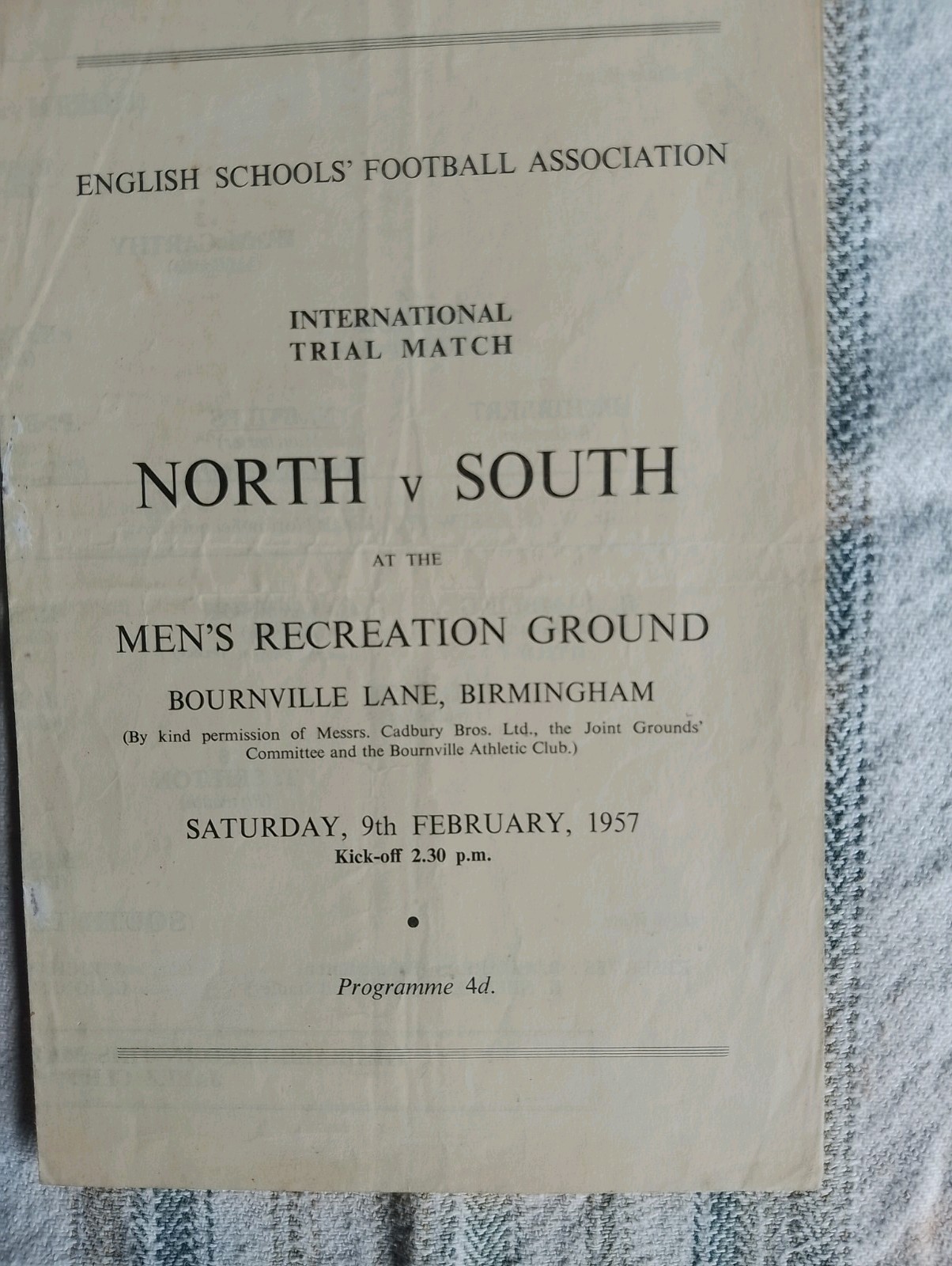 England Schools International Trial 1956/7 North Boys v South Boys Programme. for sale on Ebay