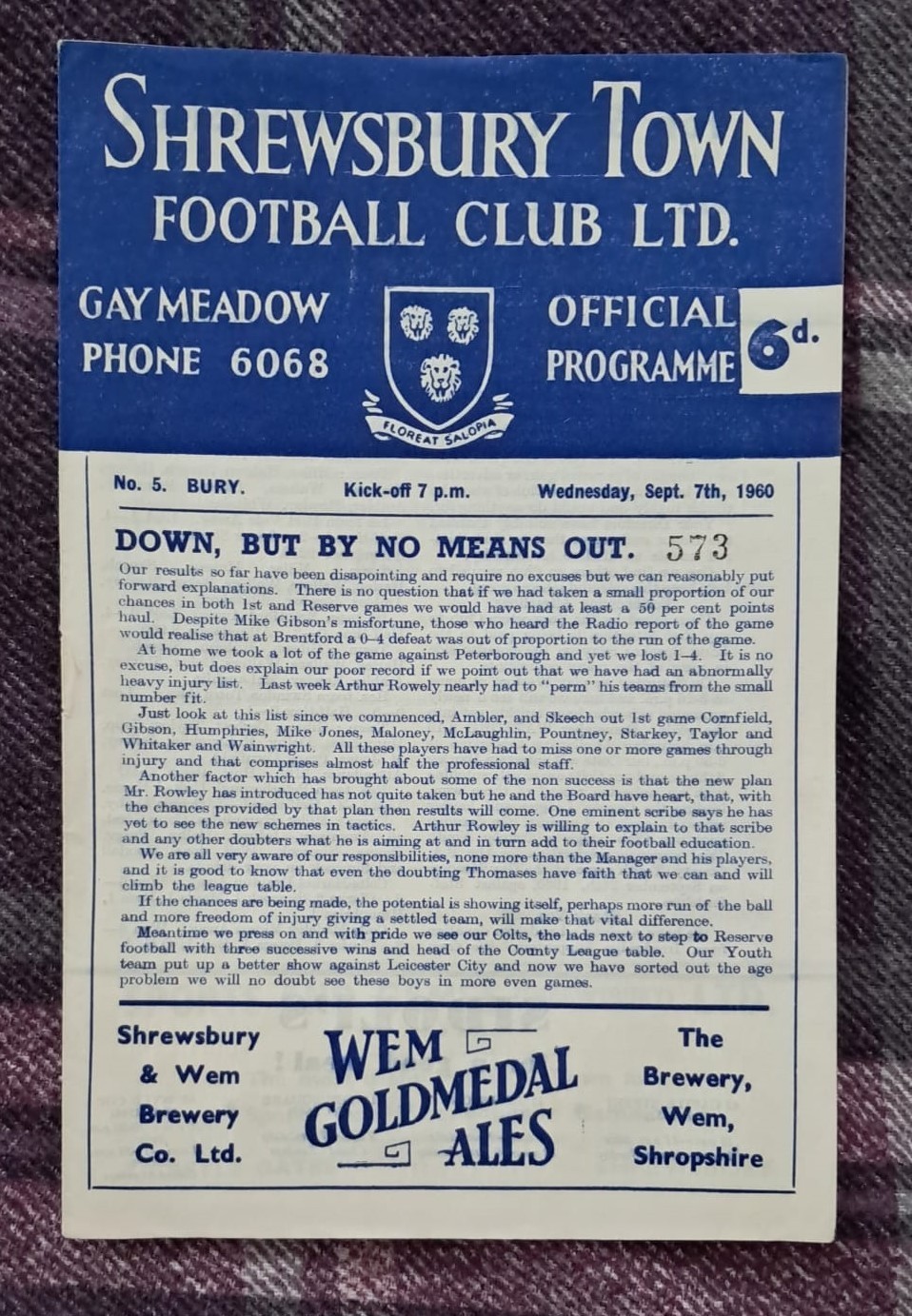 1960/61 Division Three - SHREWSBURY TOWN v. BURY for sale on Ebay