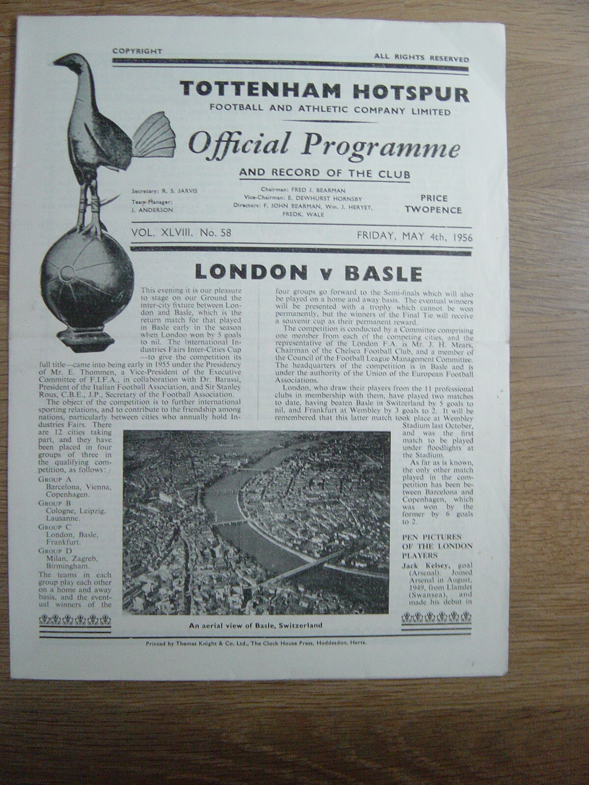 1956 INTER CITIES FAIRS CUP : LONDON v BASLE @ TOTTEMHAM HOTSPUR for sale on Ebay