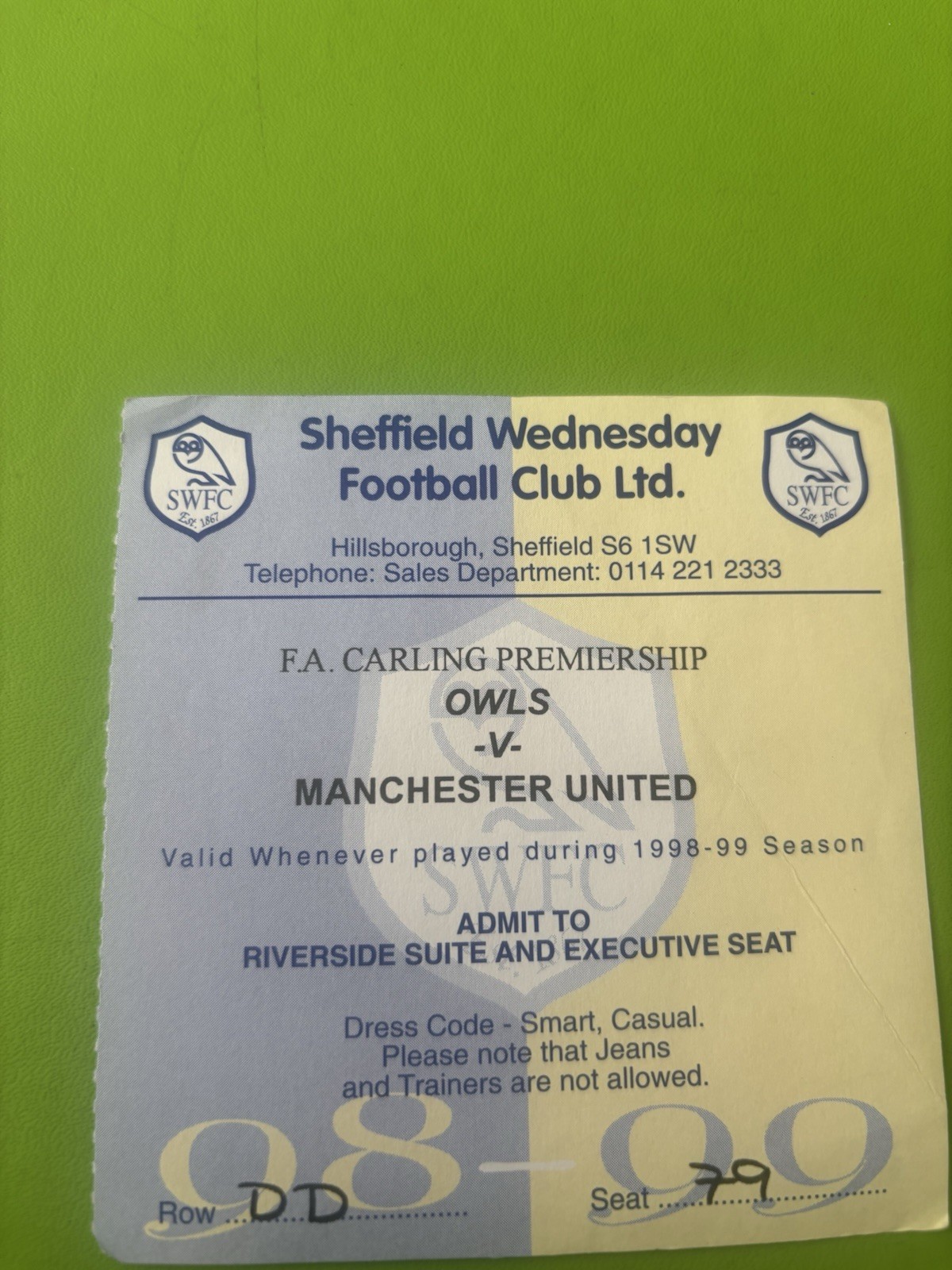 Sheffield Wednesday V Manchester United Ticket Stub 1998/99 for sale on Ebay