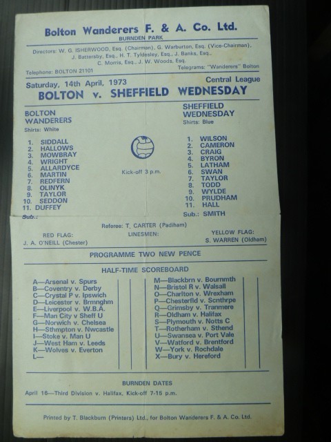 BOLTON WANDERERS RESERVES  v   Sheffield Wednesday Reserves  72/3. for sale on Ebay