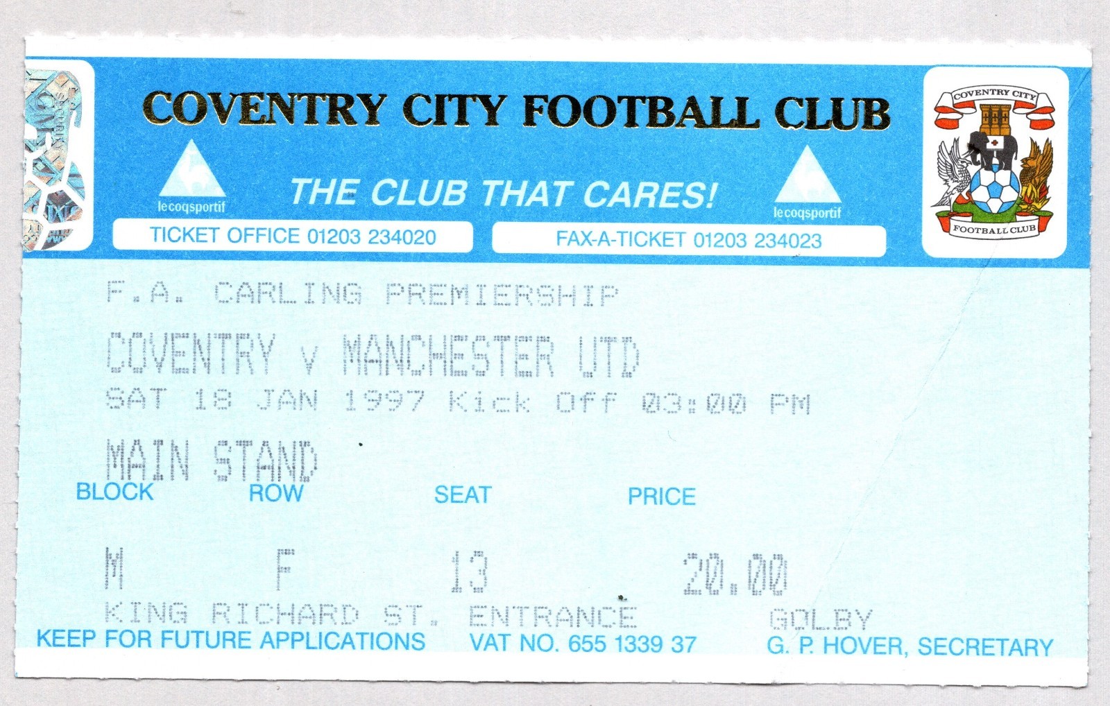 Coventry City v Manchester United 1996-1997 Premier League Ticket 18/01/1997 for sale on Ebay