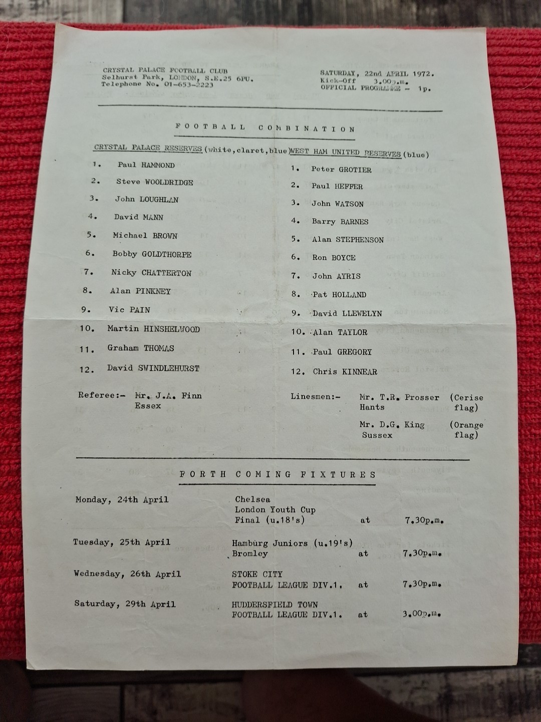 Crystal Palace Reserves v West Ham United Res programme.  22/4/1972 for sale on Ebay