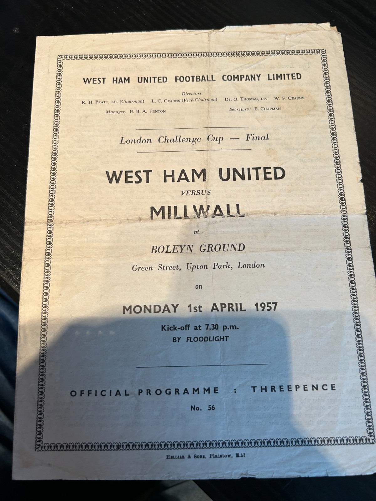 1956/57 West Ham United v Millwall (London Challenge Cup Final) for sale on Ebay