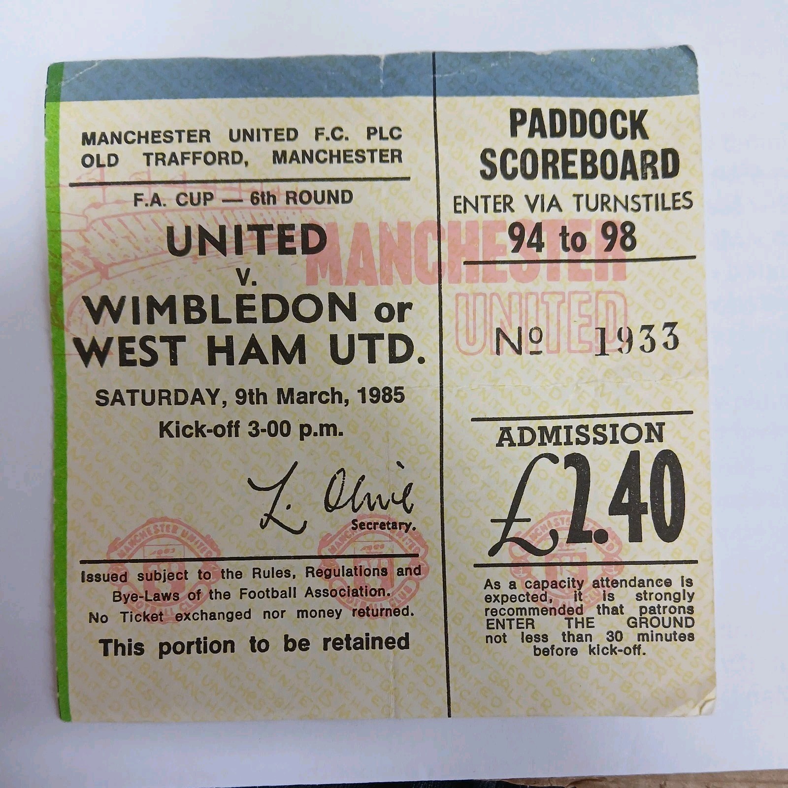 TICKET - 1985/86 Manchester United v West Ham Utd  FA Cup Replay  for sale on Ebay